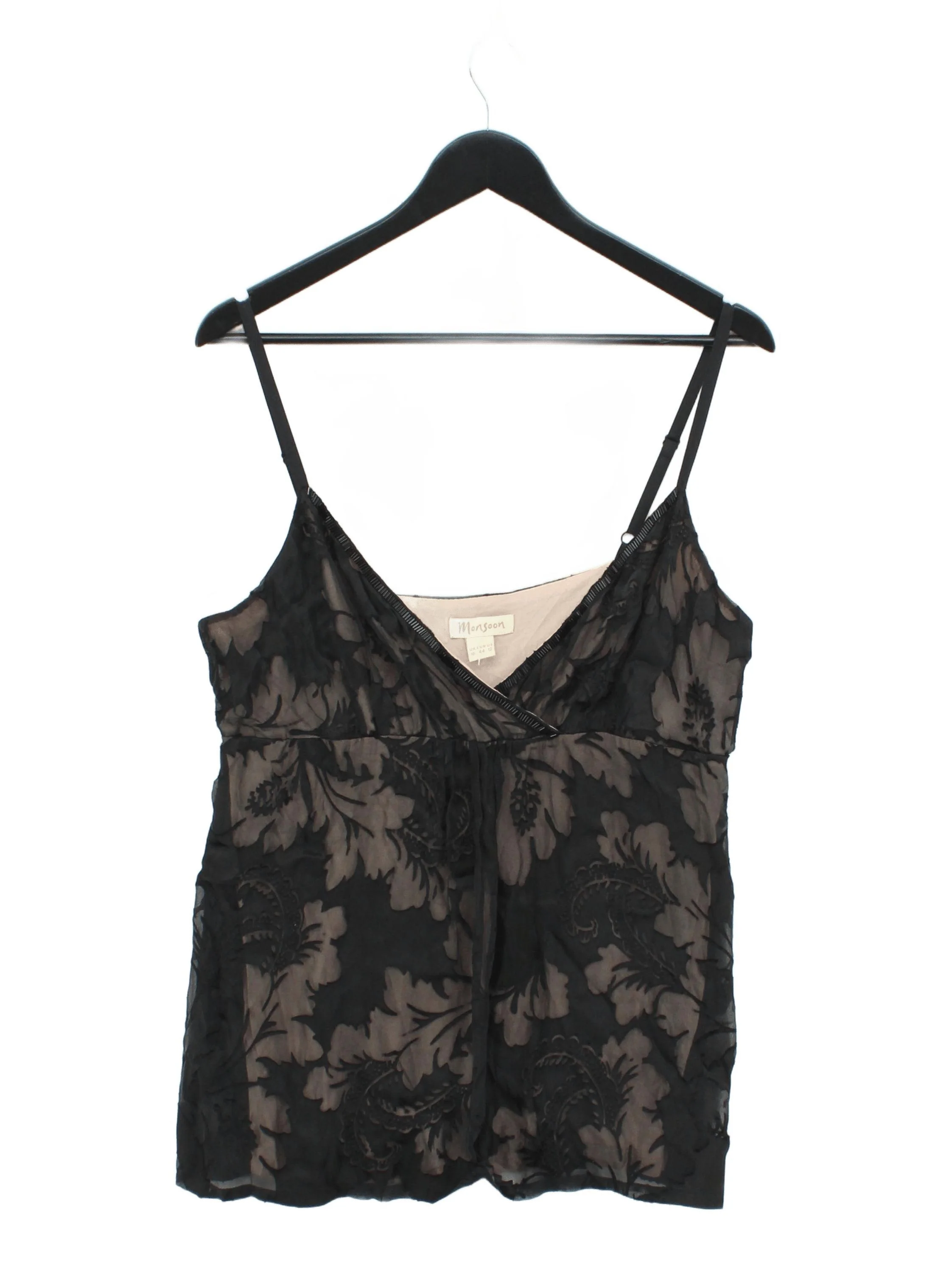 Monsoon Women's Top UK 16 Black Floral Viscose with Silk Sleeveless V-Neck Basic