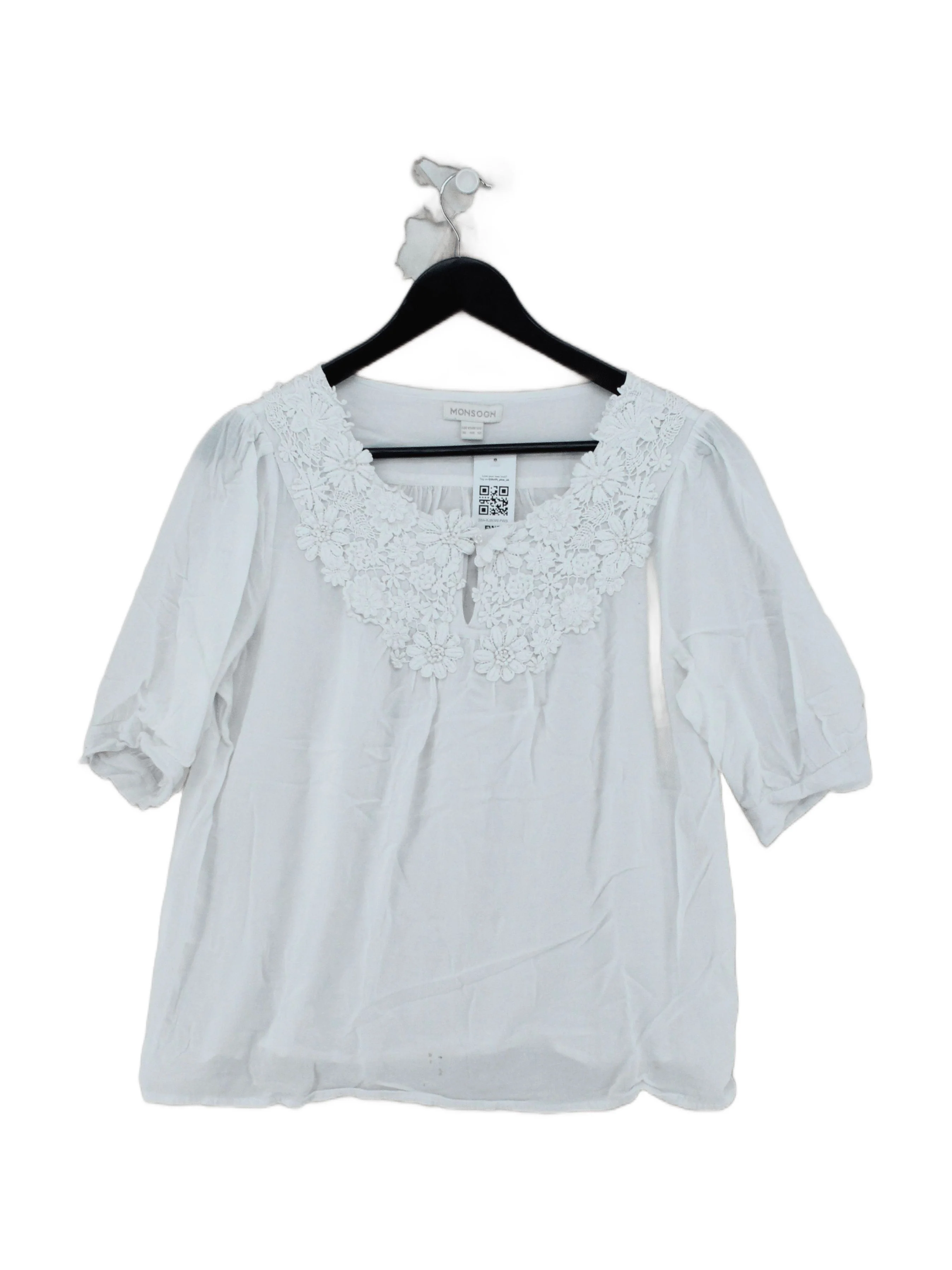 Monsoon Women's Top UK 16 White Viscose with Cotton 3/4 Sleeve Round Neck Basic