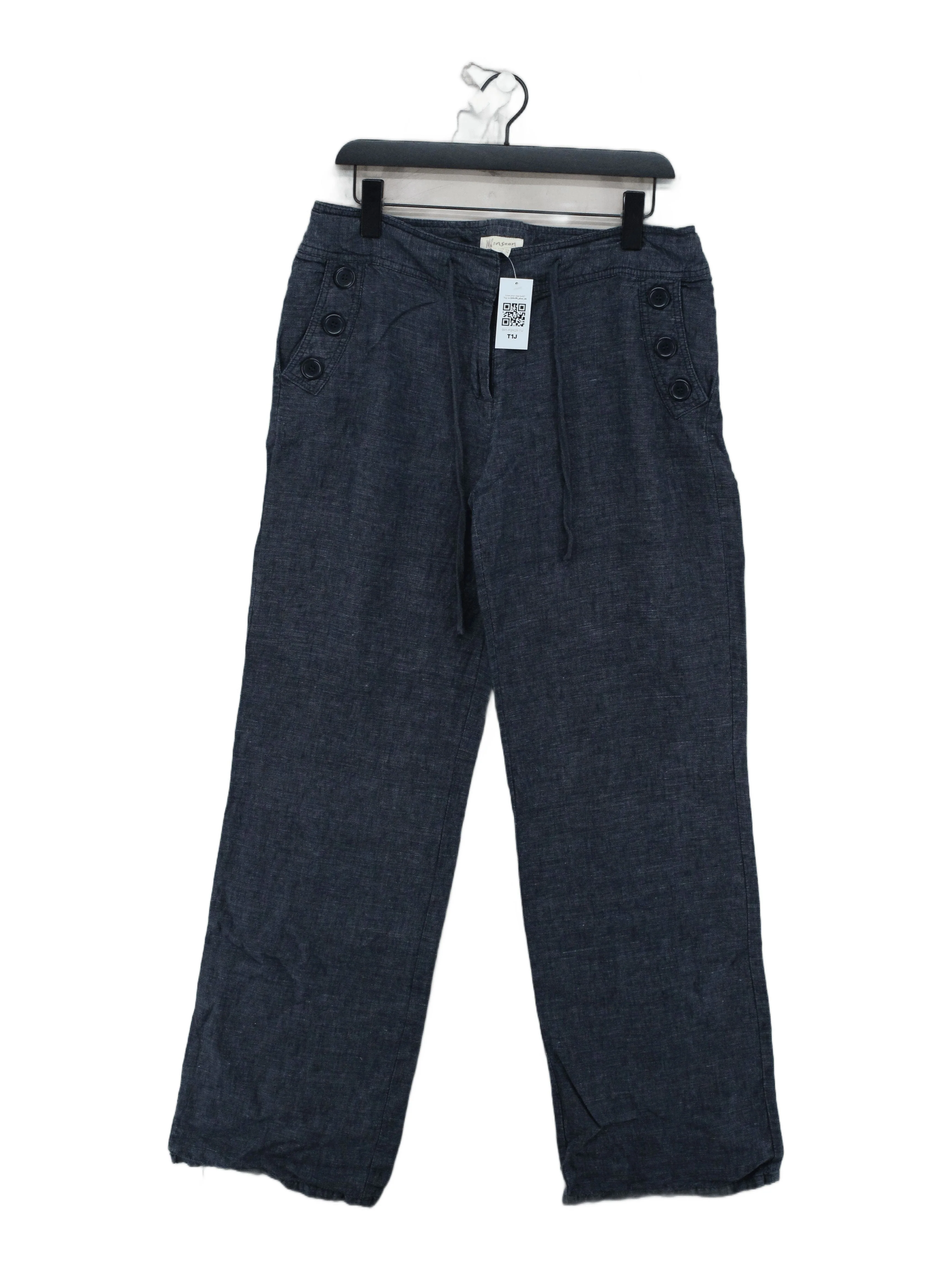 Monsoon Women's Trousers UK 14 Blue Linen with Cotton Wide-Leg Chino