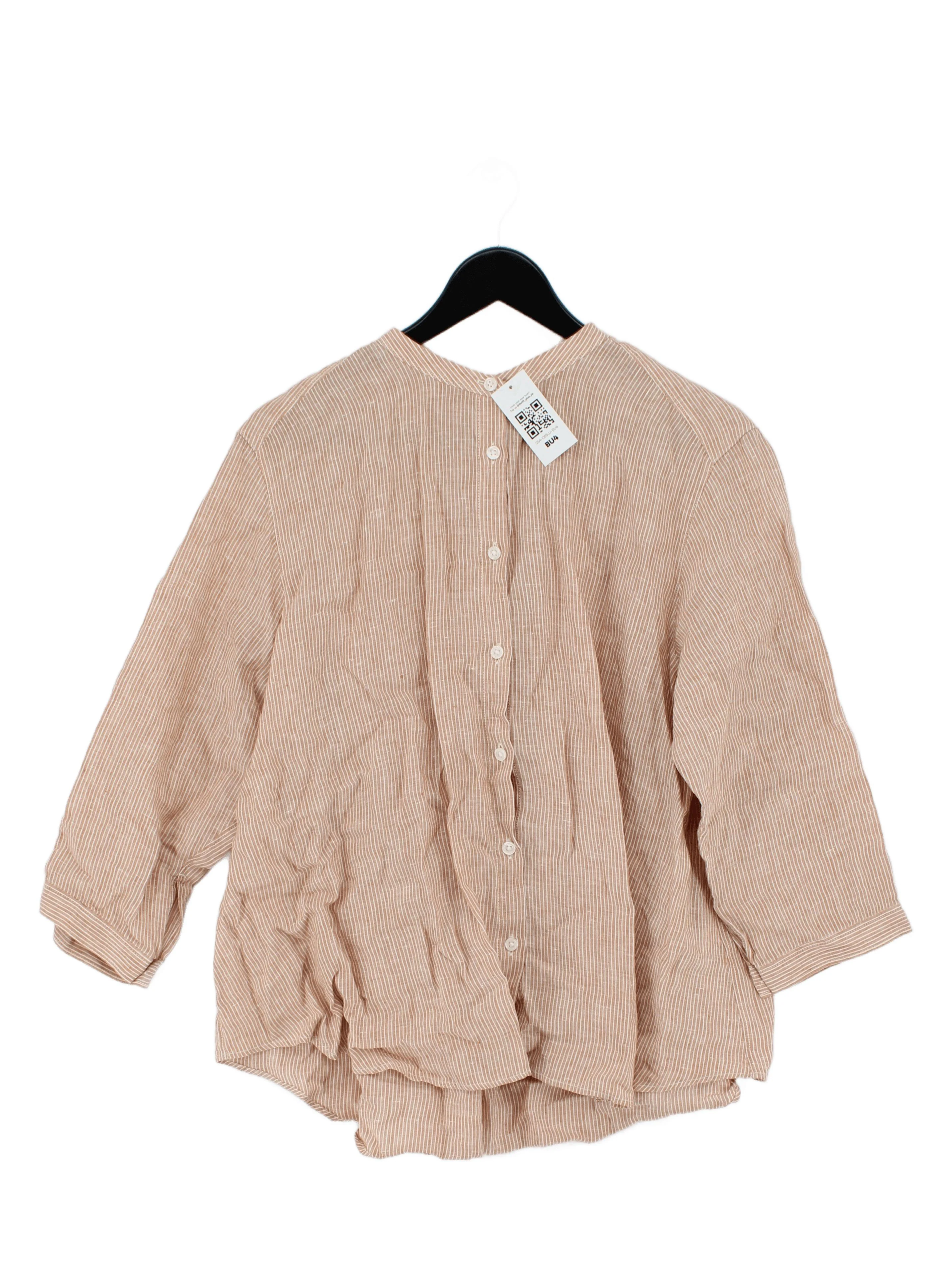 MUJI Women's Blouse L Multi Striped 100% Linen 3/4 Sleeve Collared Basic