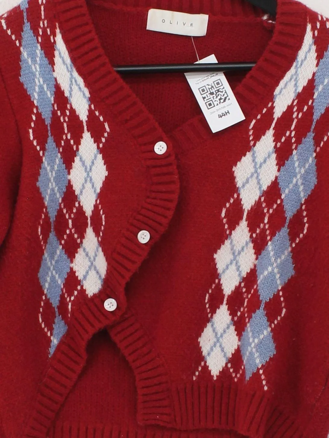 Olive Women's Cardigan M Red Argyle Acrylic with Wool, Polyamide V-Neck Cardigan - Image 3