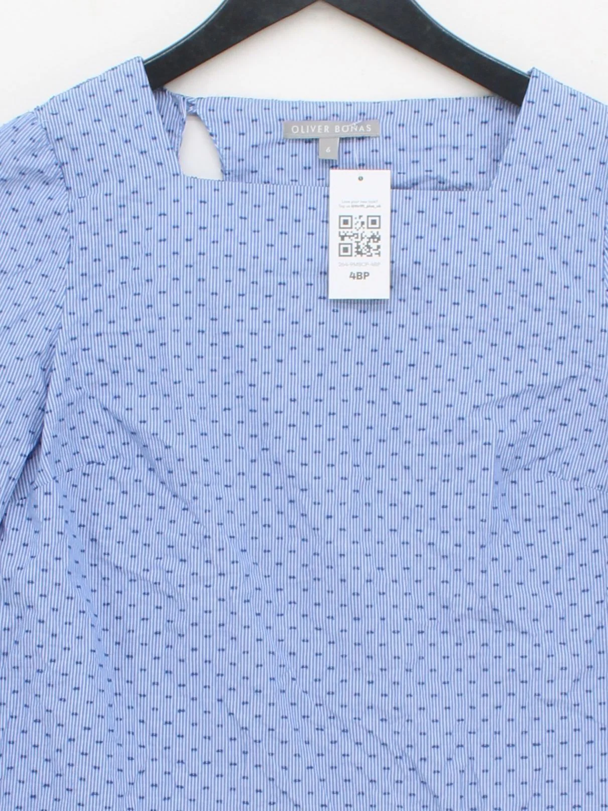 Oliver Bonas Women's Top XS Blue 100% Cotton 3/4 Sleeve Round Neck Basic - Image 3