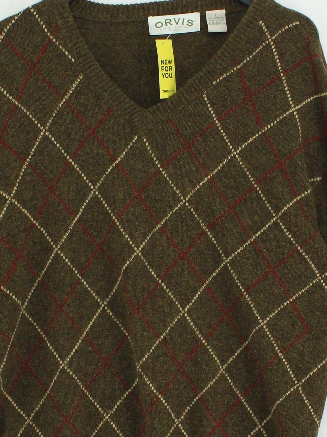 Orvis Men's Jumper L Green Argyle 100% Wool V-Neck Pullover - Image 3