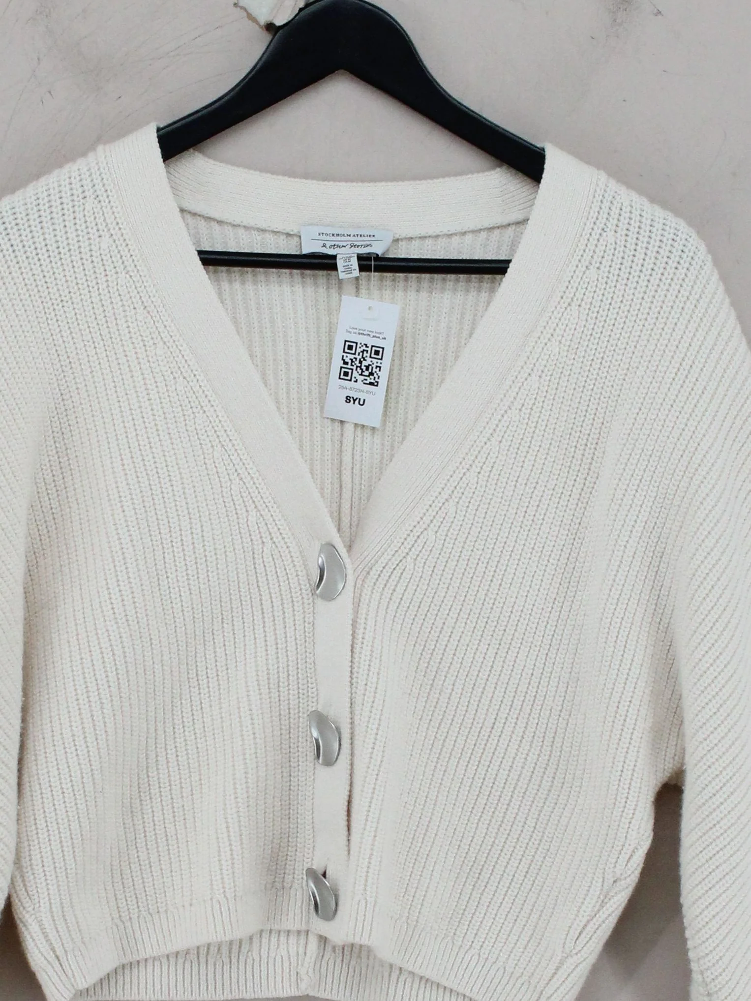 & Other Stories Women's Cardigan UK 12 Cream Wool with Cotton V-Neck Cardigan - Image 3