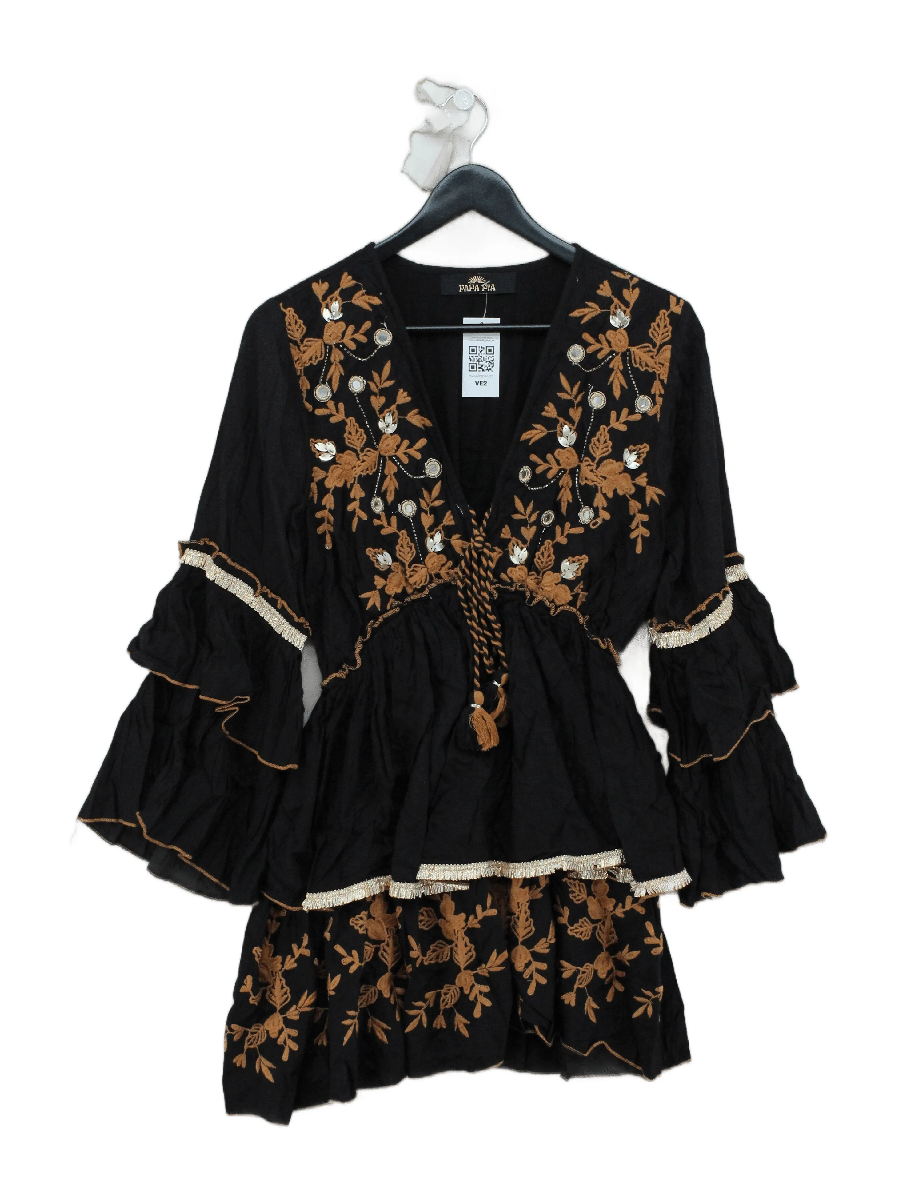 Papa Pia Women's Top UK 18 Black Floral 100% Viscose Long Sleeve V-Neck Tunic