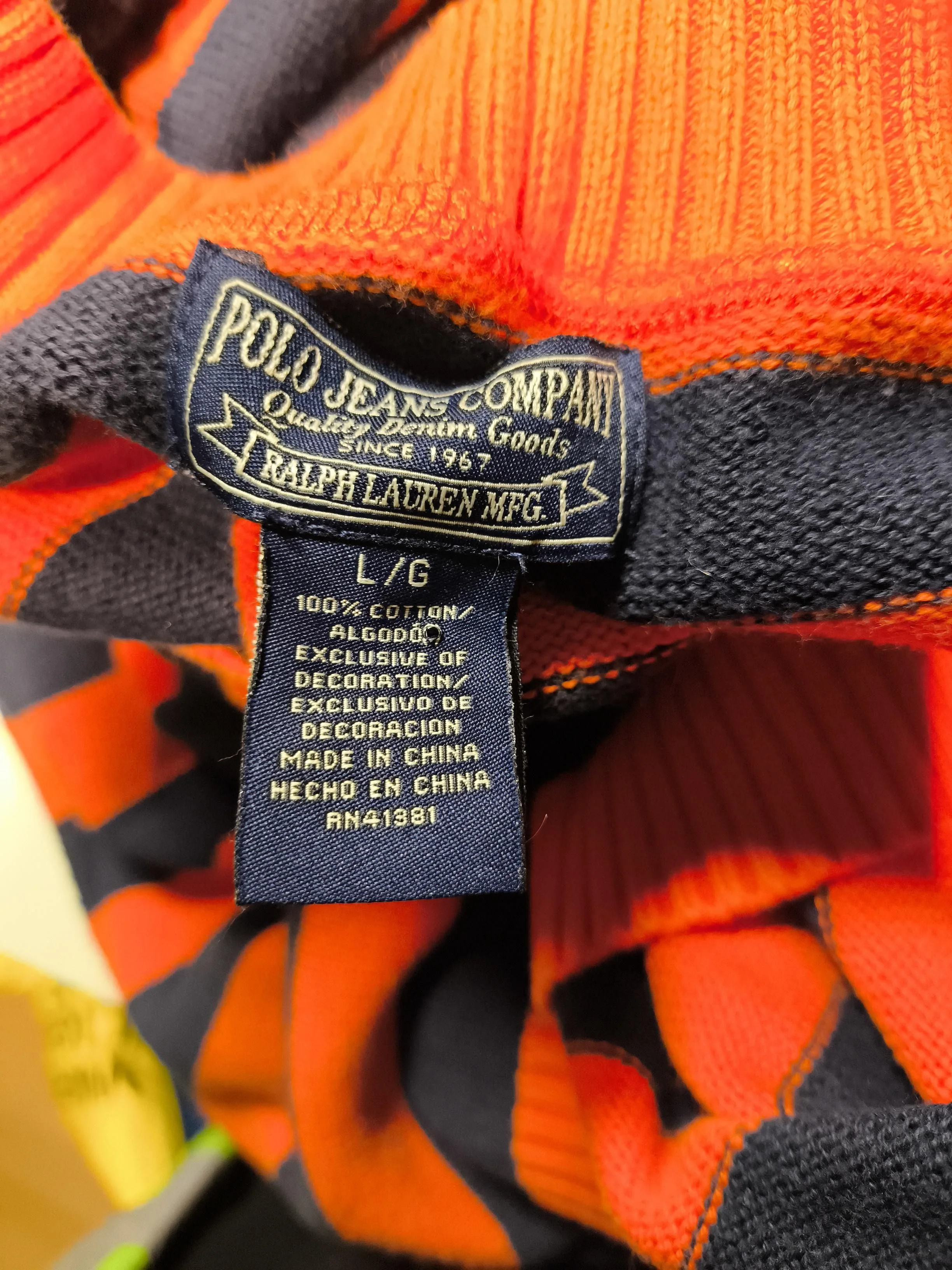 Ralph Lauren Men's Jumper L Orange Striped 100% Cotton V-Neck Pullover - Image 6