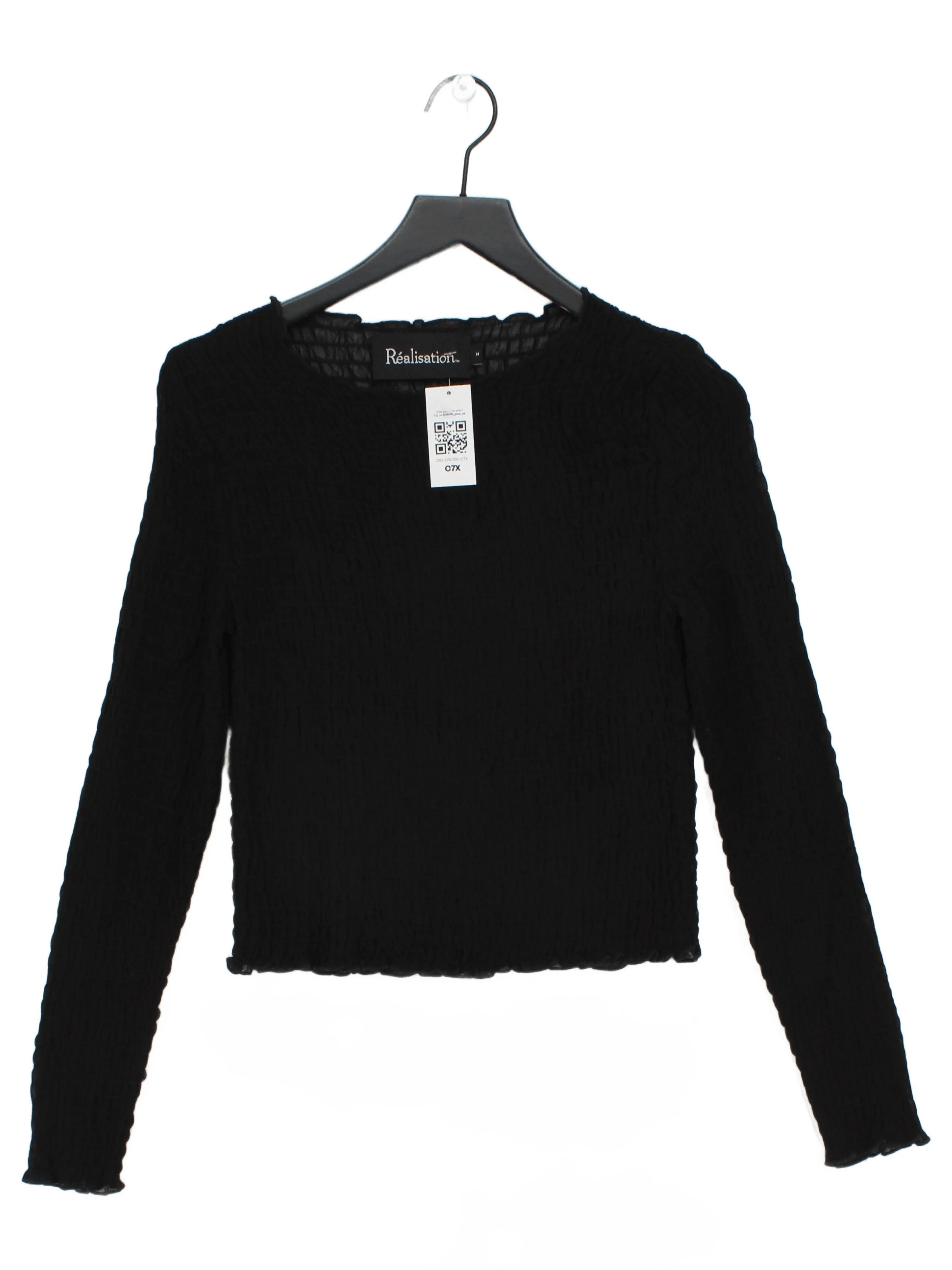 Realisation Women's Top M Black 100% Silk Long Sleeve Round Neck Cropped