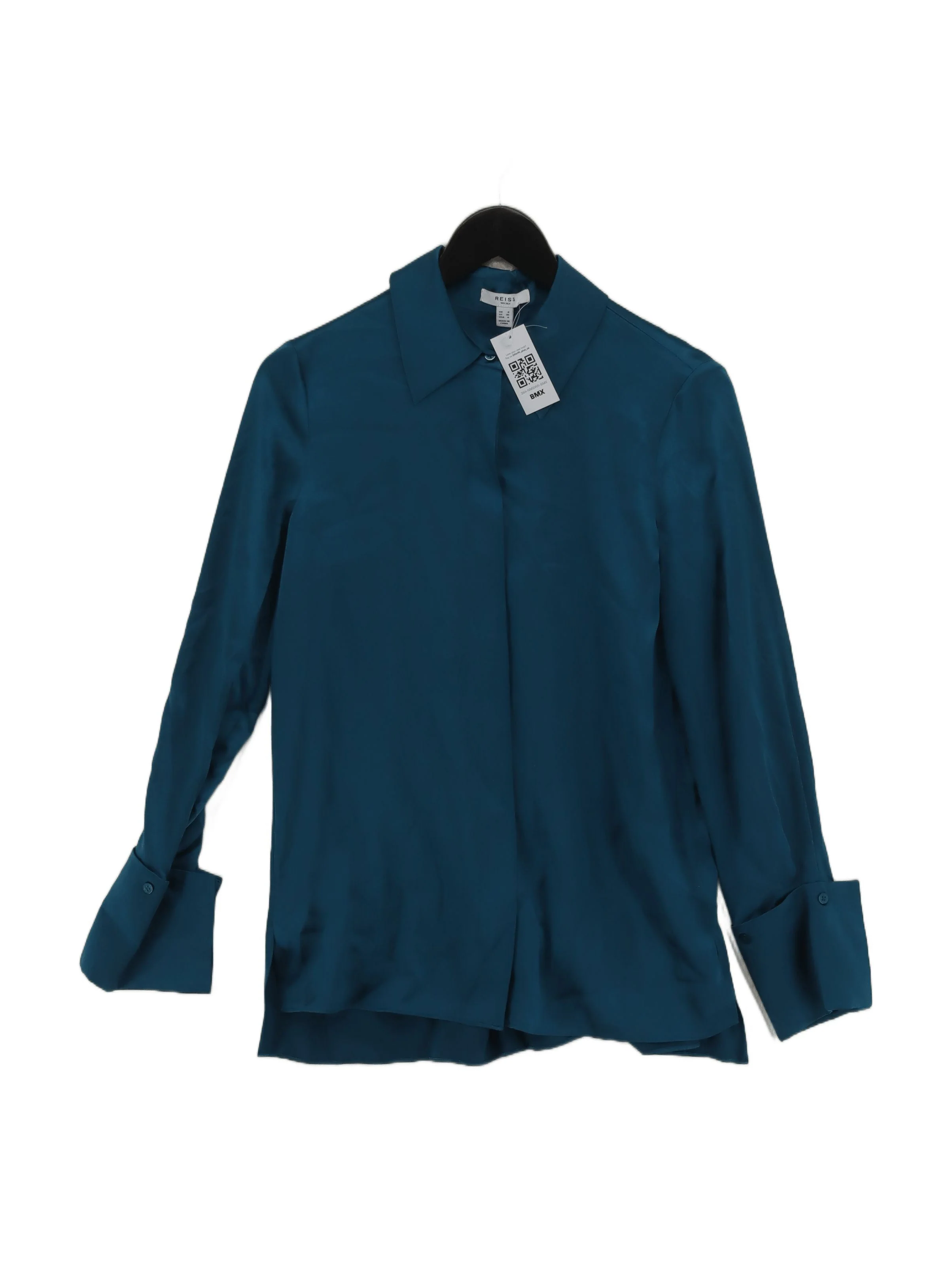 Reiss Women's Blouse S Blue 100% Silk Long Sleeve Collared Basic