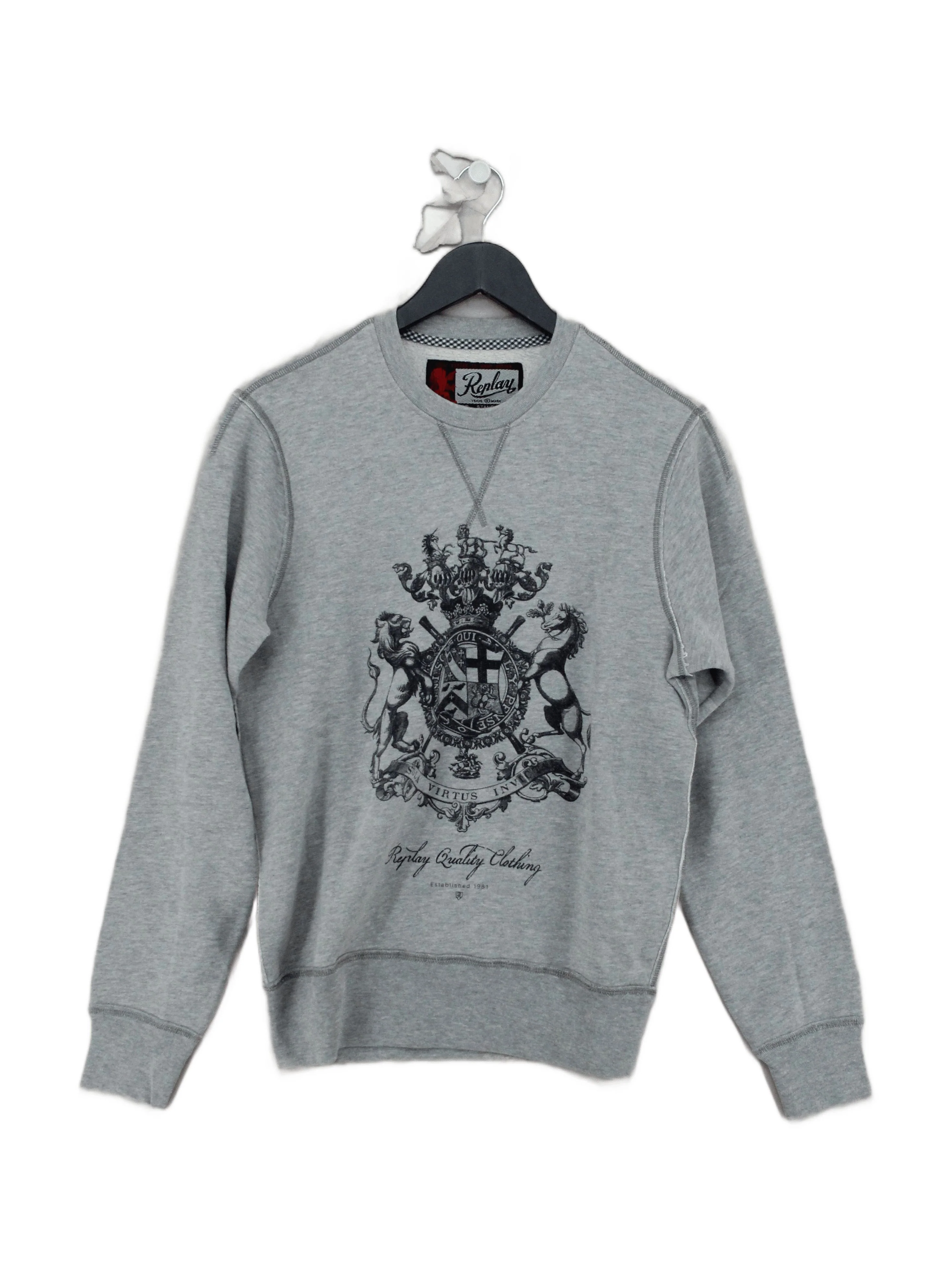 Replay Men's Jumper M Grey Graphic Cotton with Polyester Crew Neck Pullover