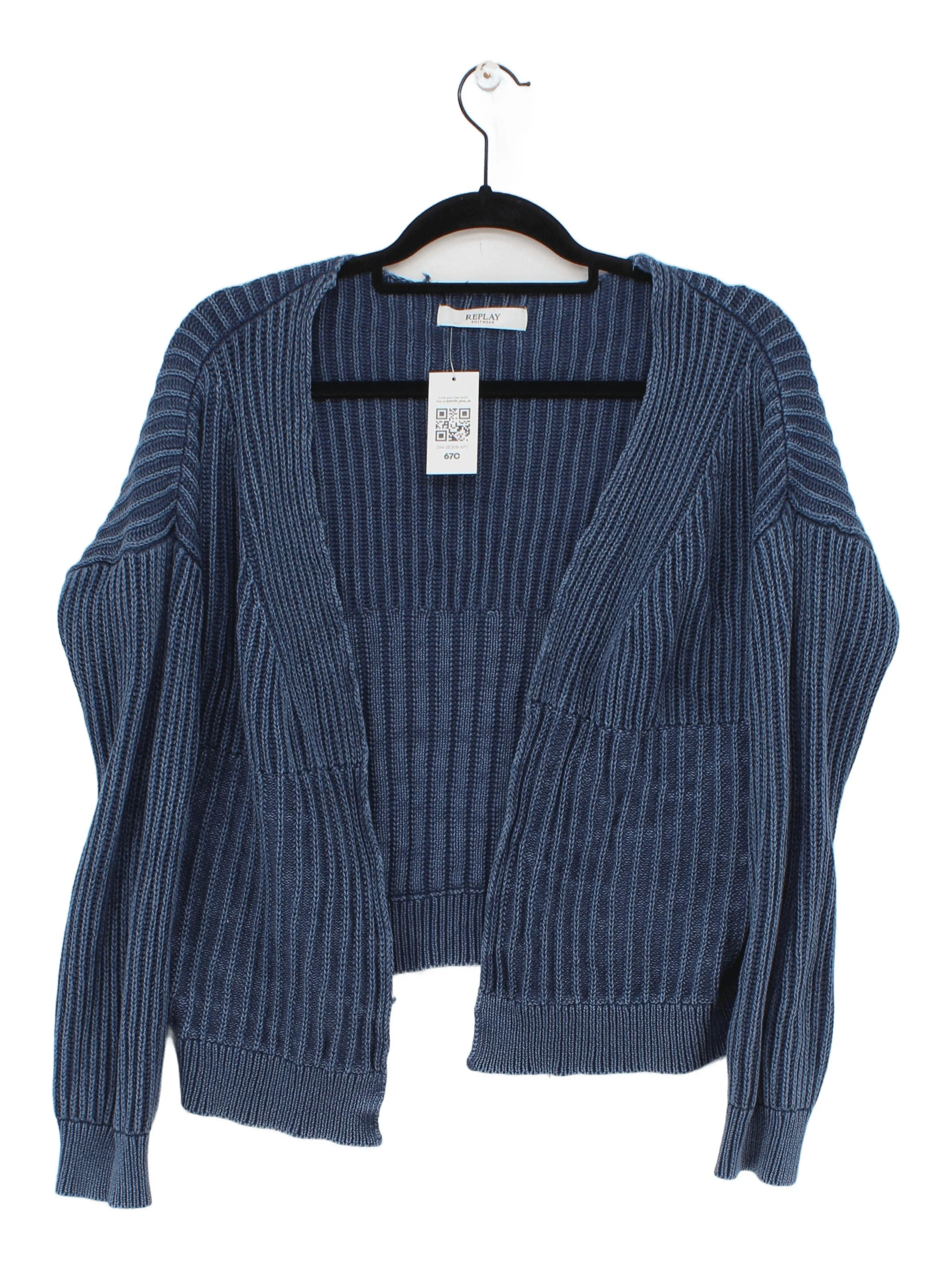 Replay Women's Cardigan L Blue 100% Cotton V-Neck Cardigan