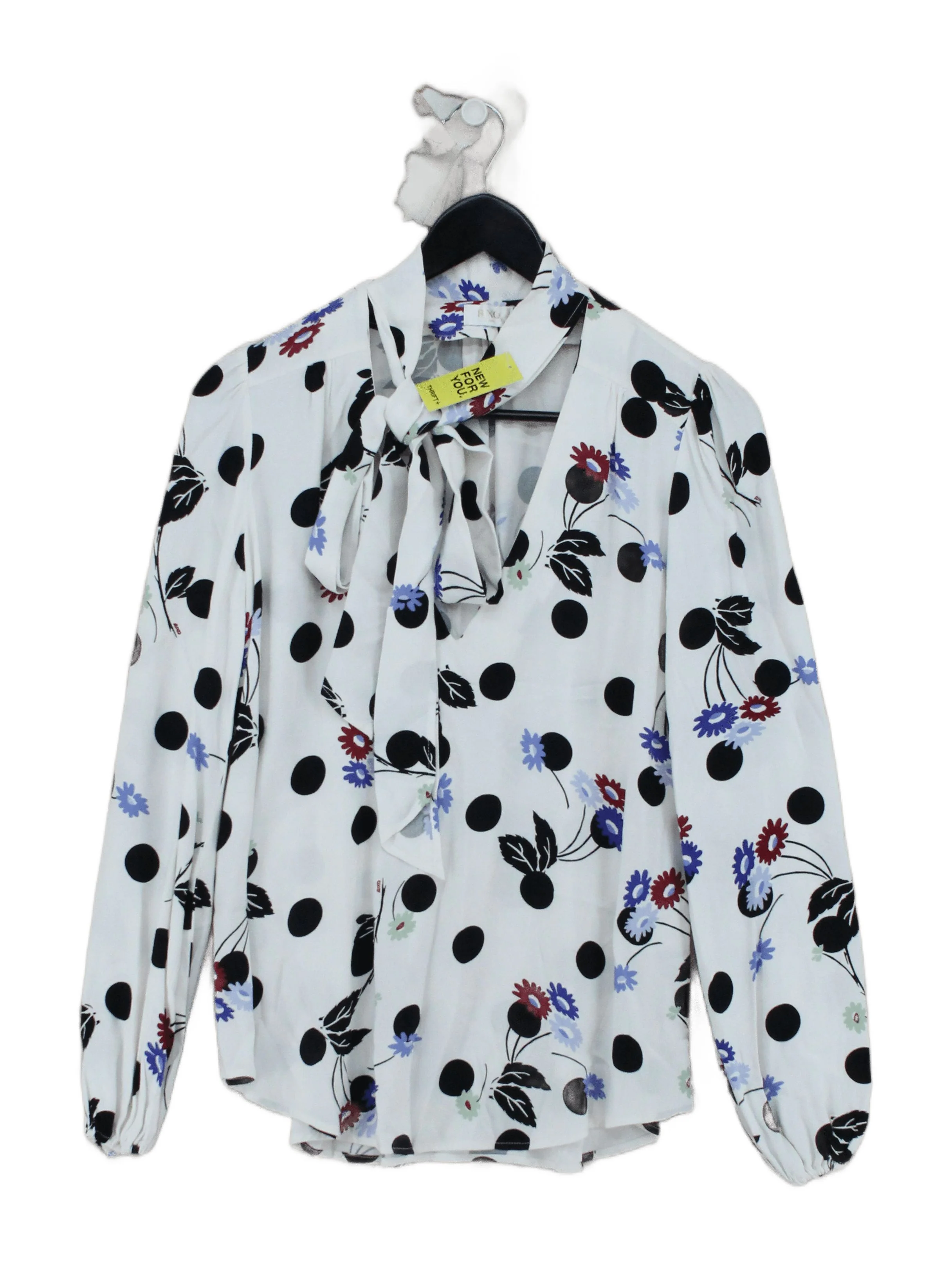 RIXO Women's Blouse S White Polkadot 100% Viscose Long Sleeve V-Neck Basic