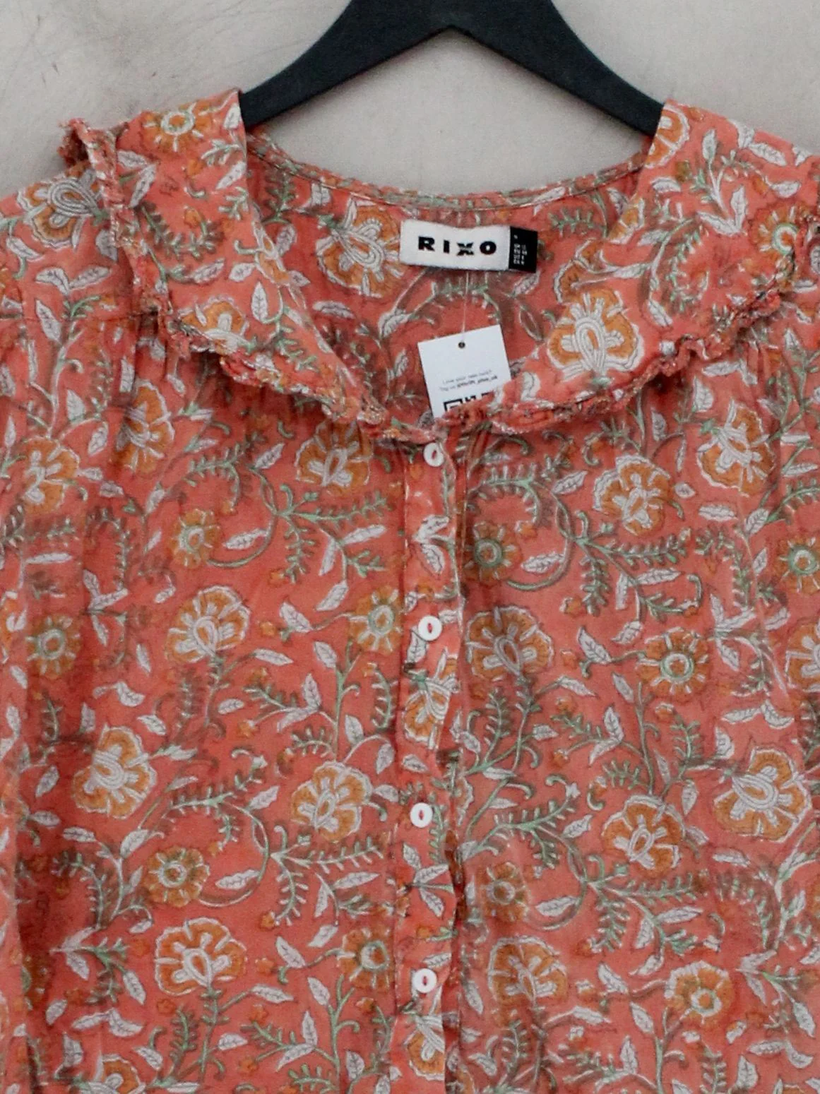 RIXO Women's Top UK 12 Orange Floral 100% Cotton Short Sleeve Round Neck Basic - Image 3