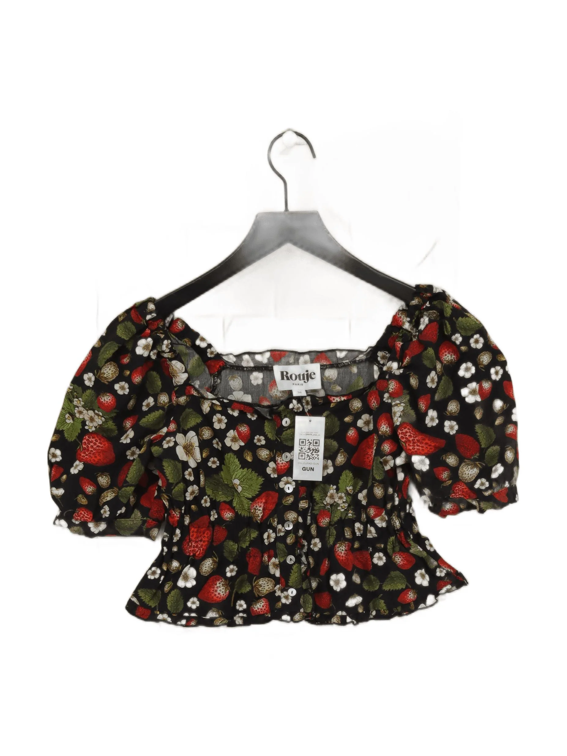 Rouje Women's Top UK 8 Black Floral 100% Other Short Sleeve Square Neck Cropped
