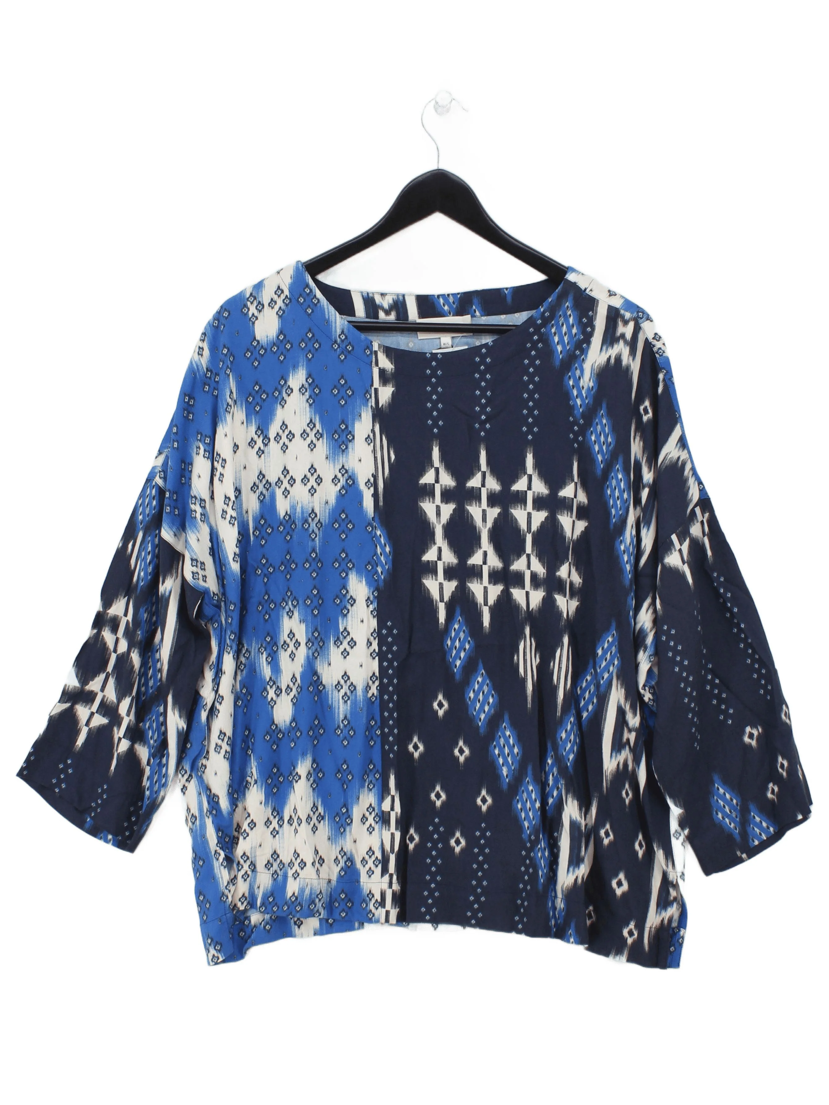 Sahara Women's Top M Blue Geometric 100% Viscose 3/4 Sleeve Round Neck Basic