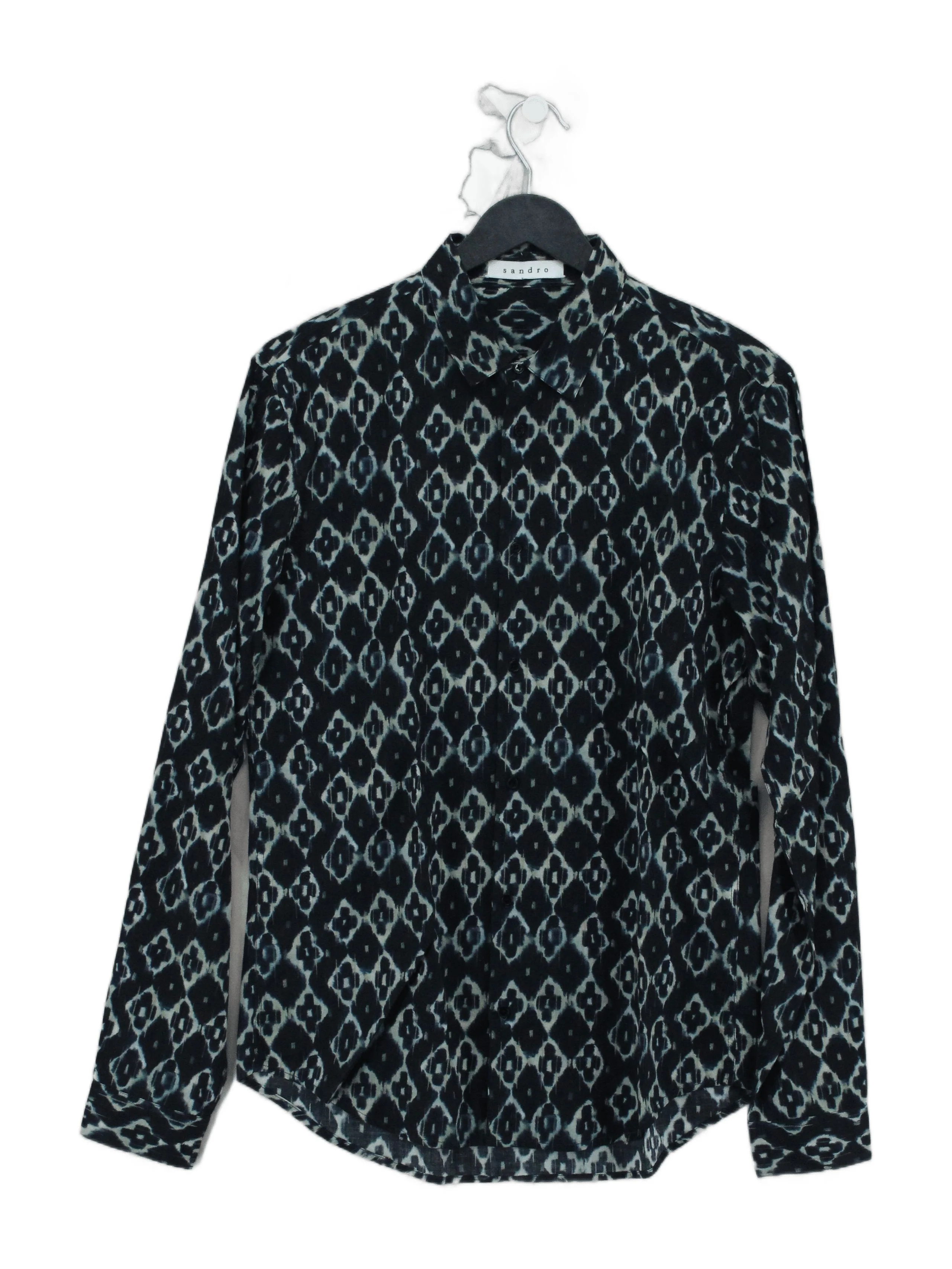 Sandro Women's Shirt S Black Geometric 100% Cotton Long Sleeve Collared Basic