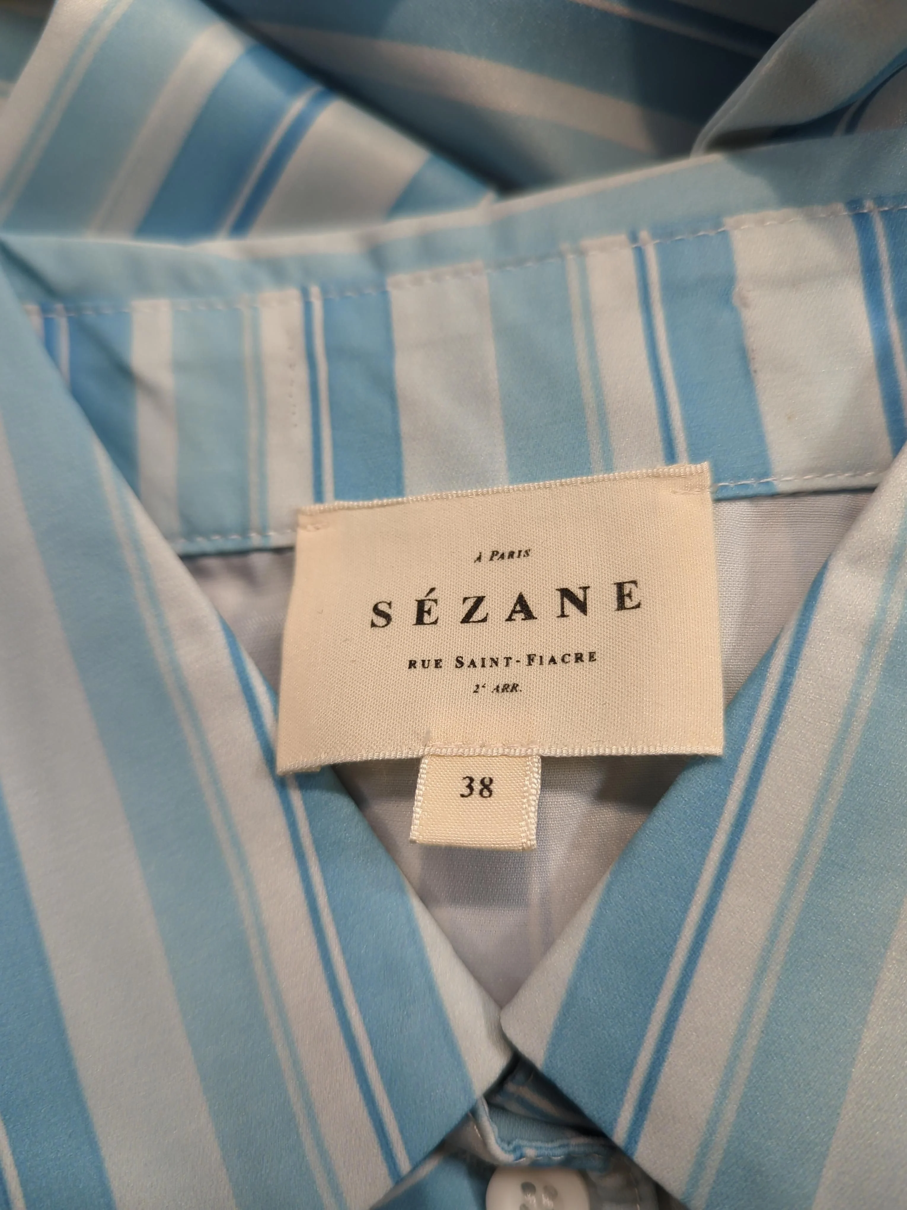 Sezane Women's Shirt UK 10 Blue Striped 100% Cotton Short Sleeve Collared Basic - Image 5