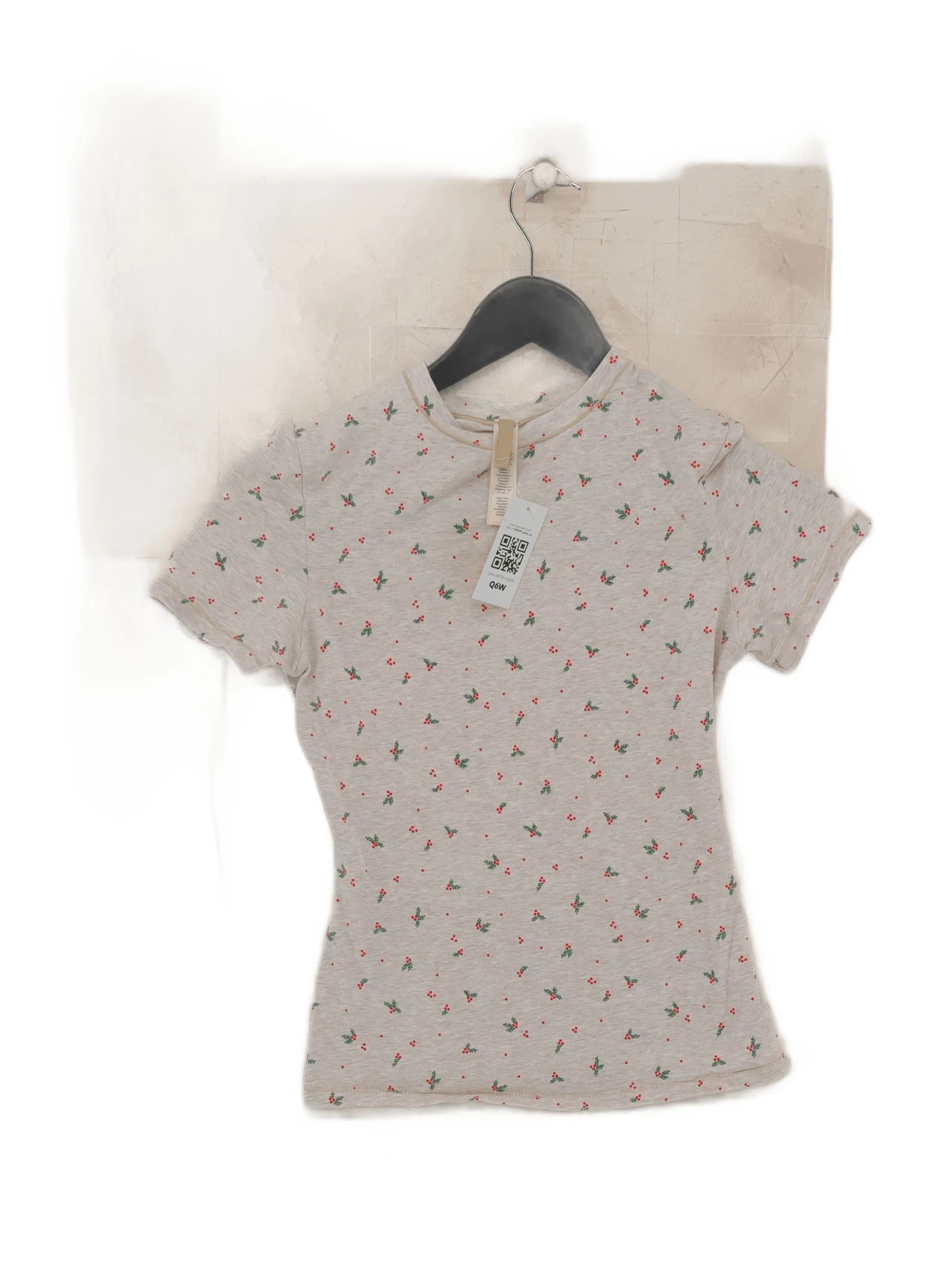 Skims Women's T-Shirt S Cream Floral 100% Cotton Short Sleeve Round Neck Basic
