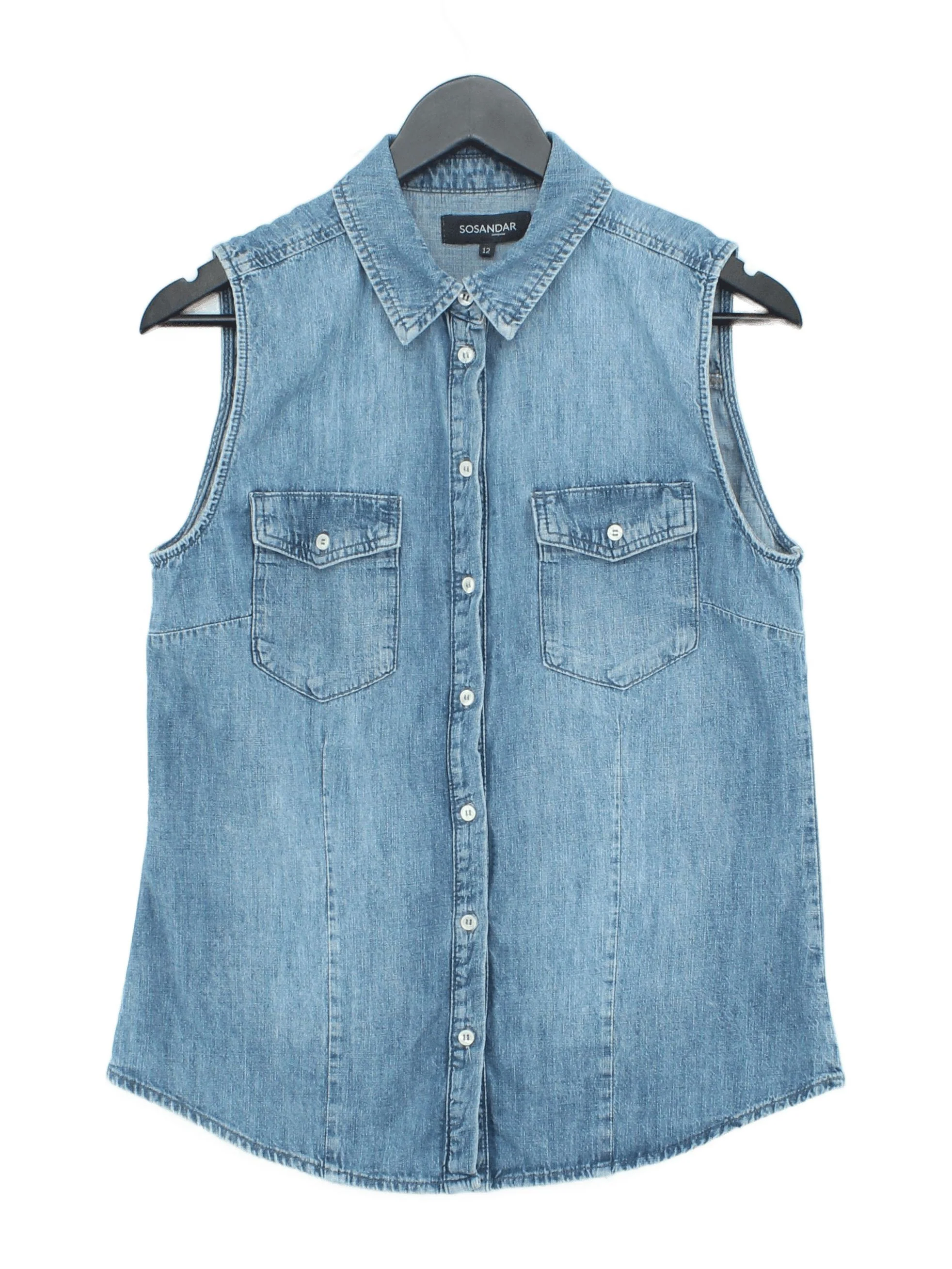 Sosandar Women's Shirt UK 12 Blue 100% Cotton Sleeveless Collared Basic