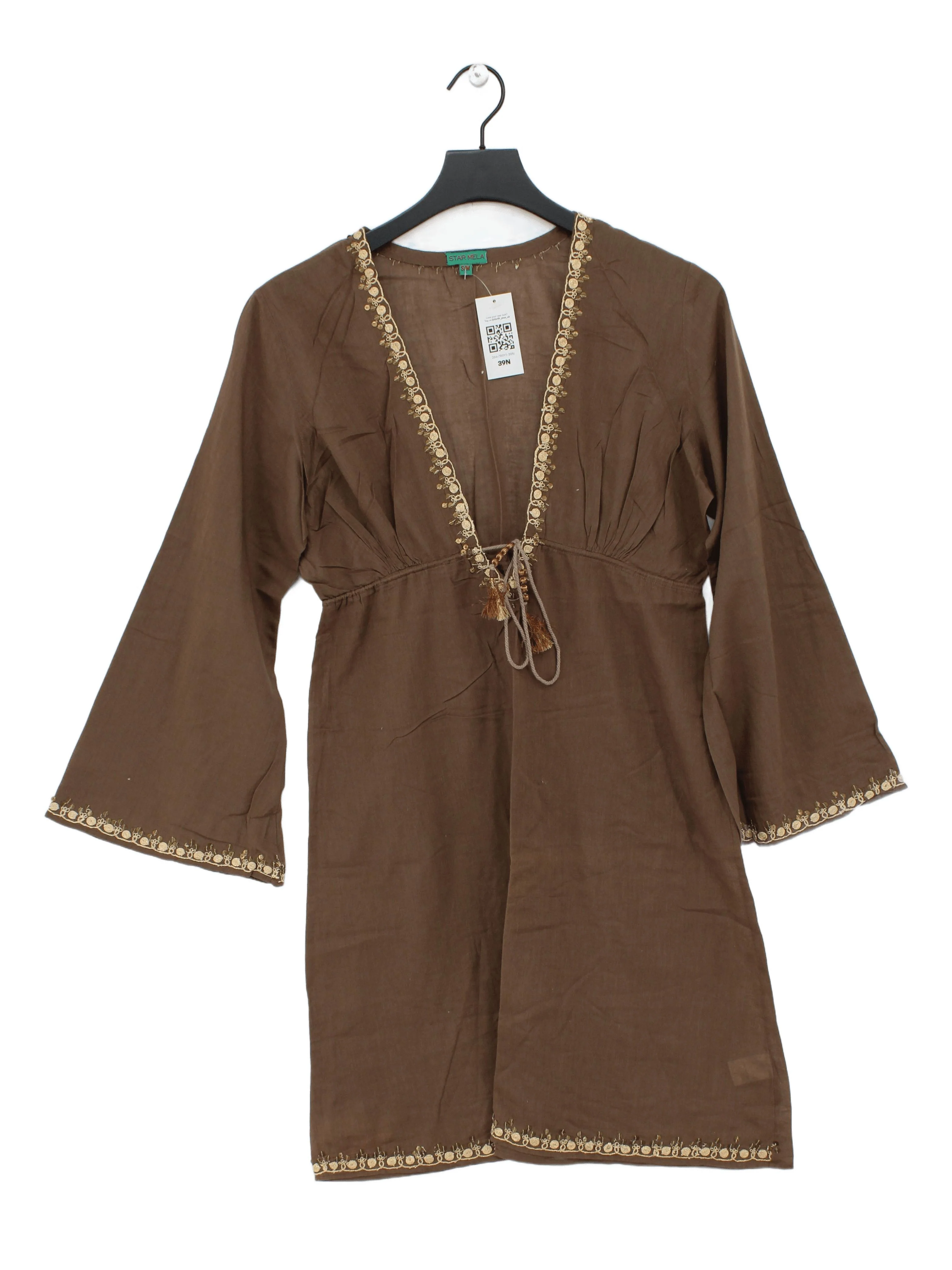 Star Mela Women's Top UK 10 Brown 100% Cotton Long Sleeve V-Neck Tunic