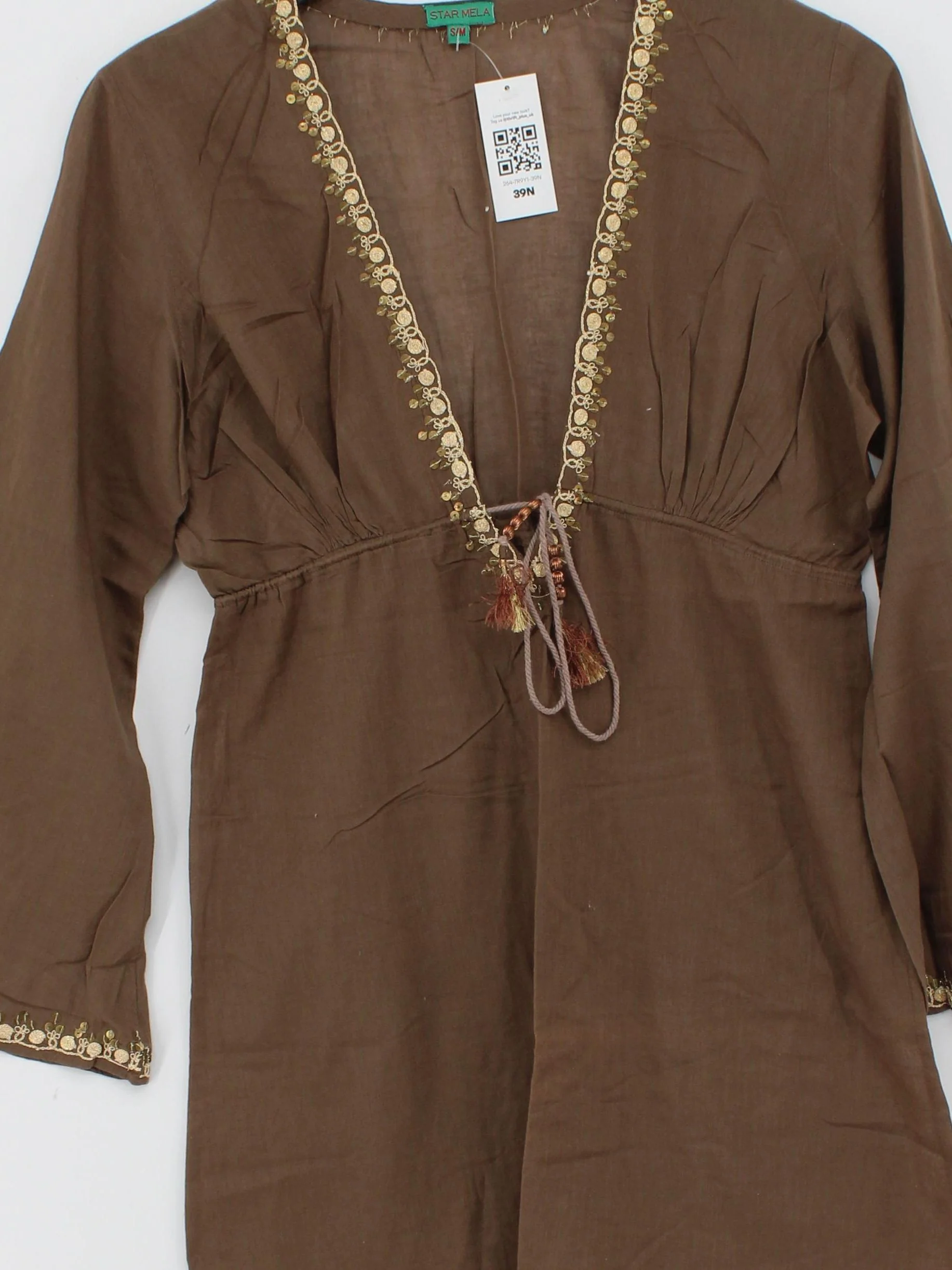 Star Mela Women's Top UK 10 Brown 100% Cotton Long Sleeve V-Neck Tunic - Image 3