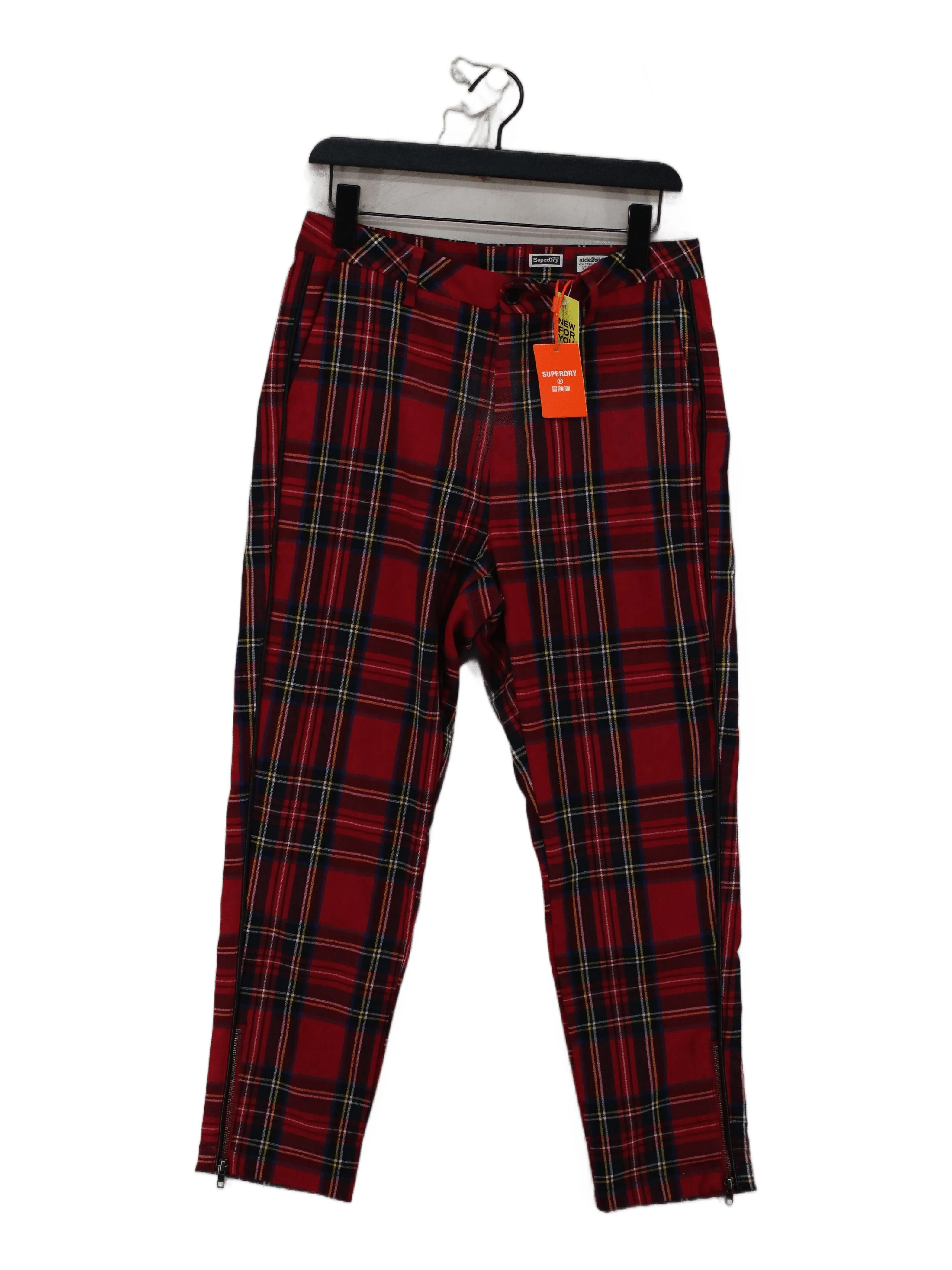 Superdry Men's Trousers M Red Checkered Polyester with Elastane Tapered Chino