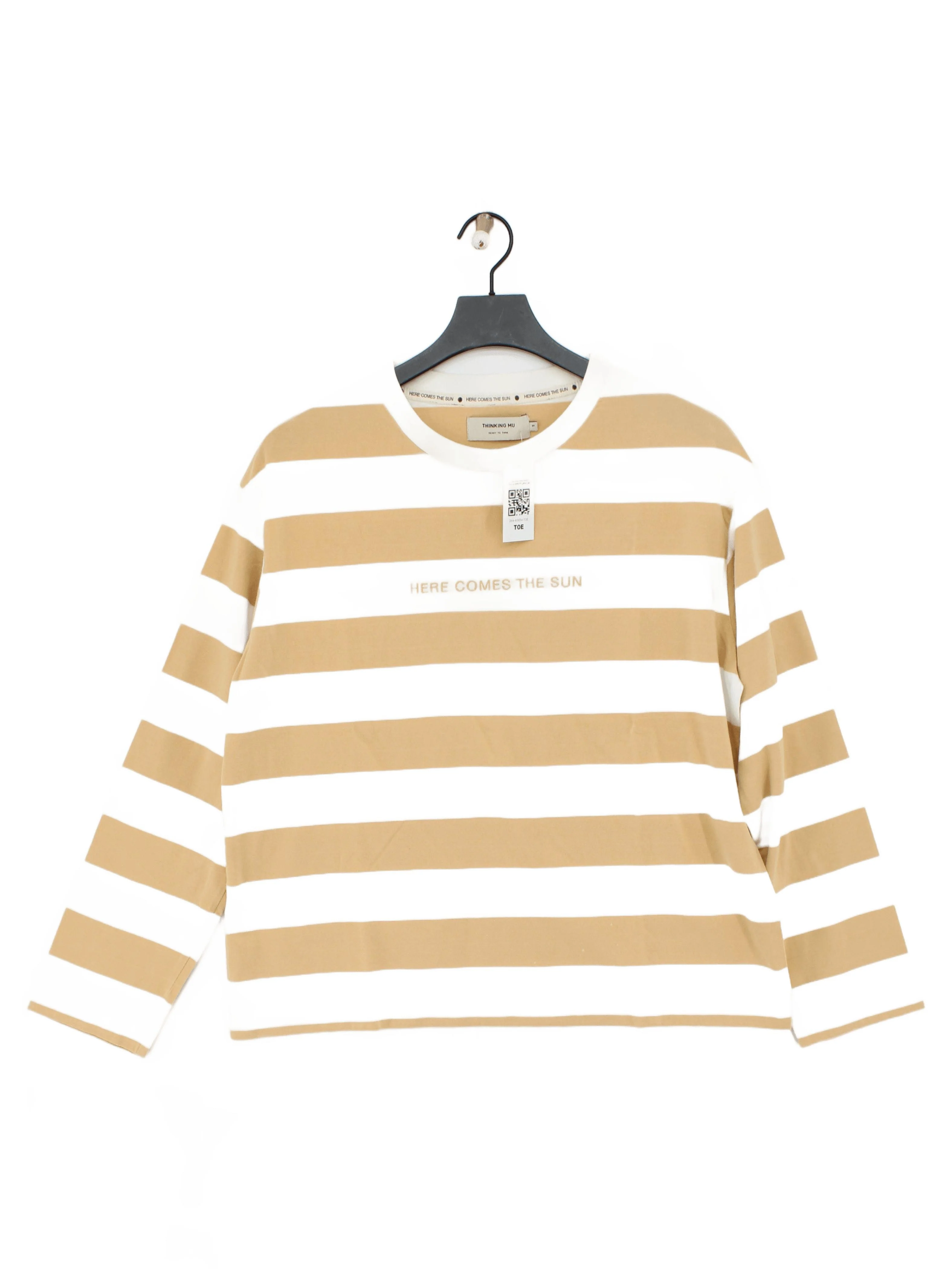 Thinking MU Men's T-Shirt S Cream Striped 100% Cotton Basic