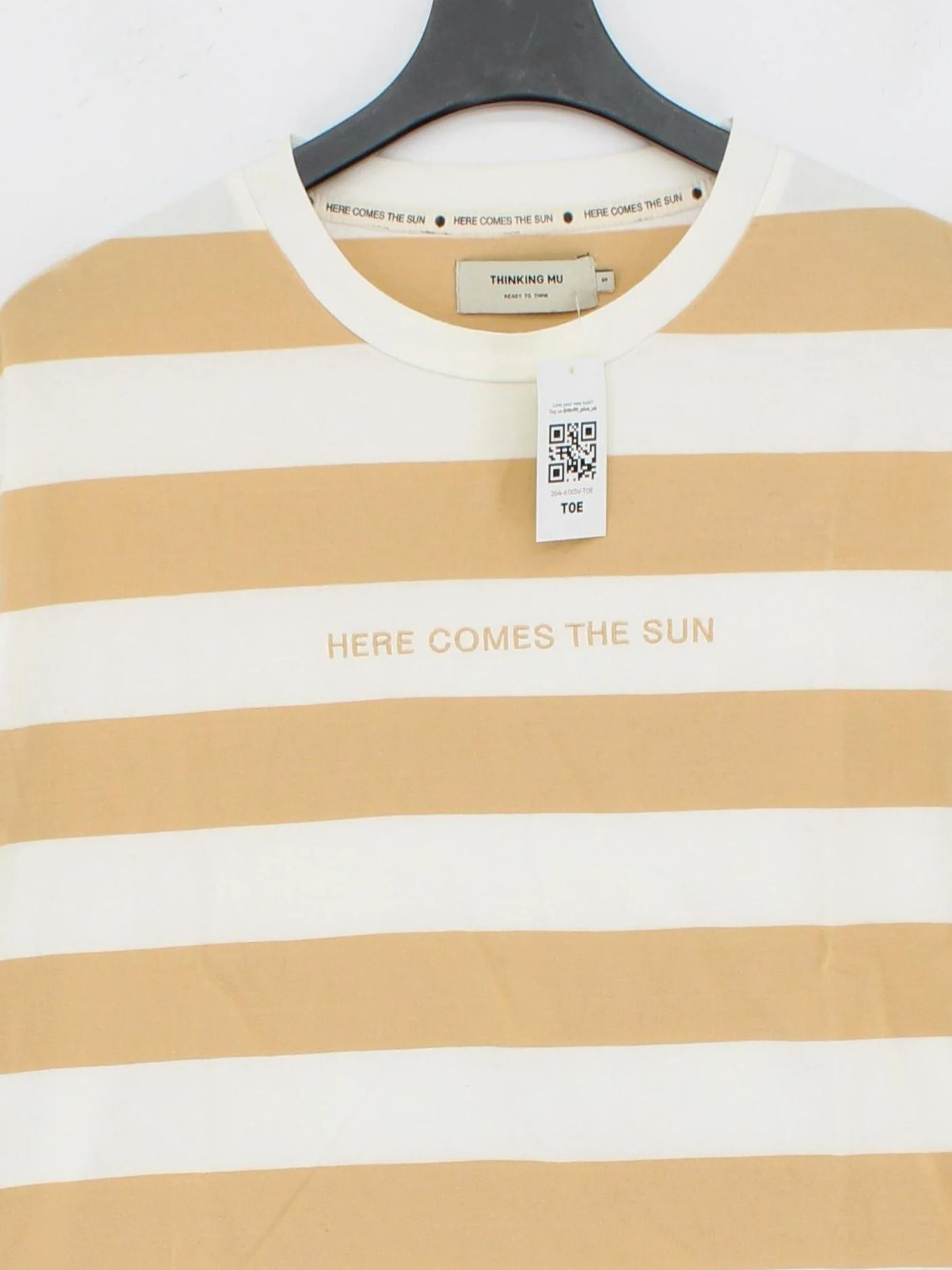 Thinking MU Men's T-Shirt S Cream Striped 100% Cotton Basic - Image 3