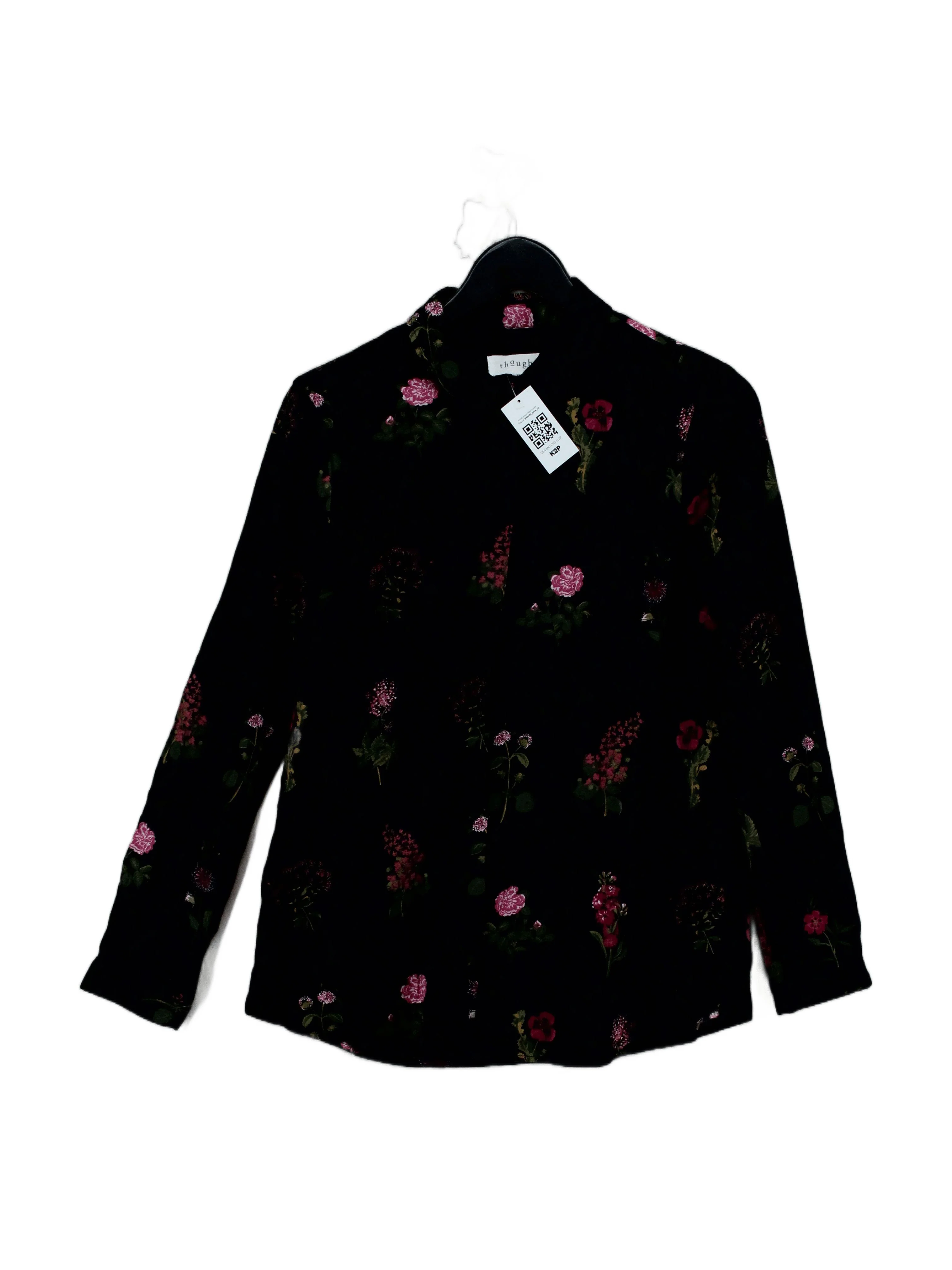 Thought Women's Shirt UK 12 Black Floral 100% Cotton Long Sleeve Collared Basic