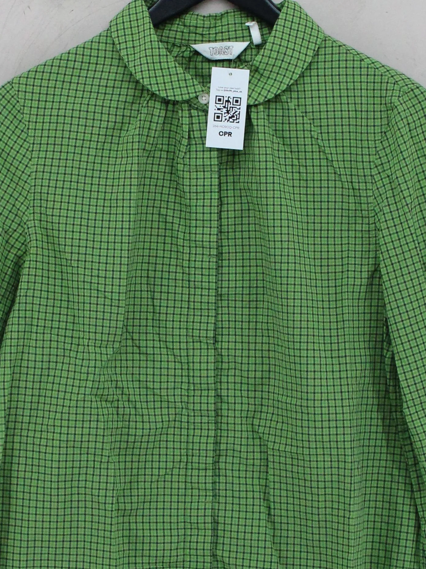 Toast Women's Blouse M Green Checkered 100% Cotton Long Sleeve Collared Basic - Image 3