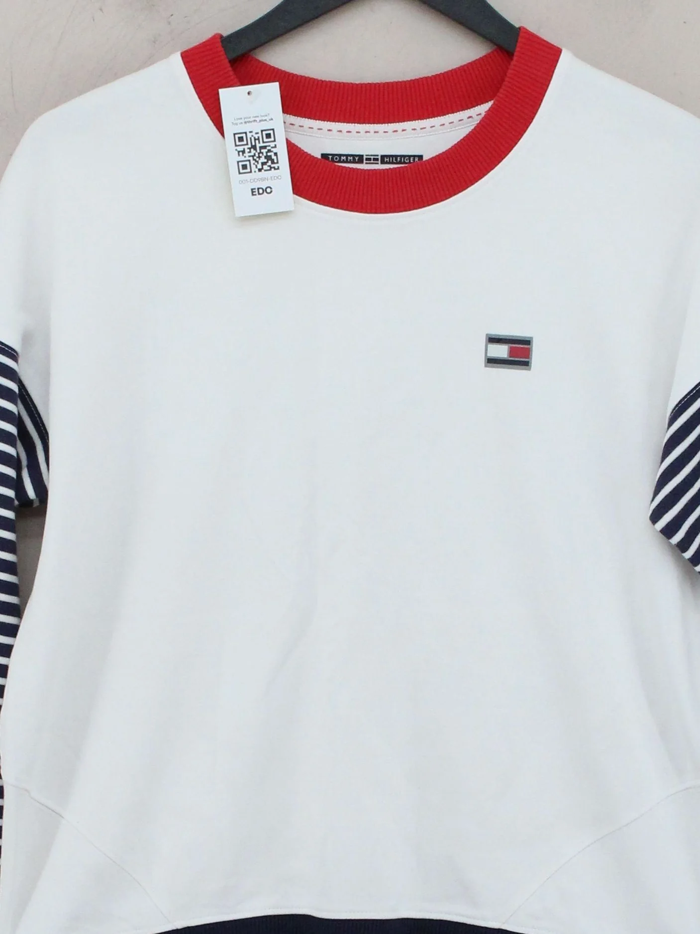 Tommy Hilfiger Women's Hoodie M White Striped 100% Cotton Pullover - Image 3