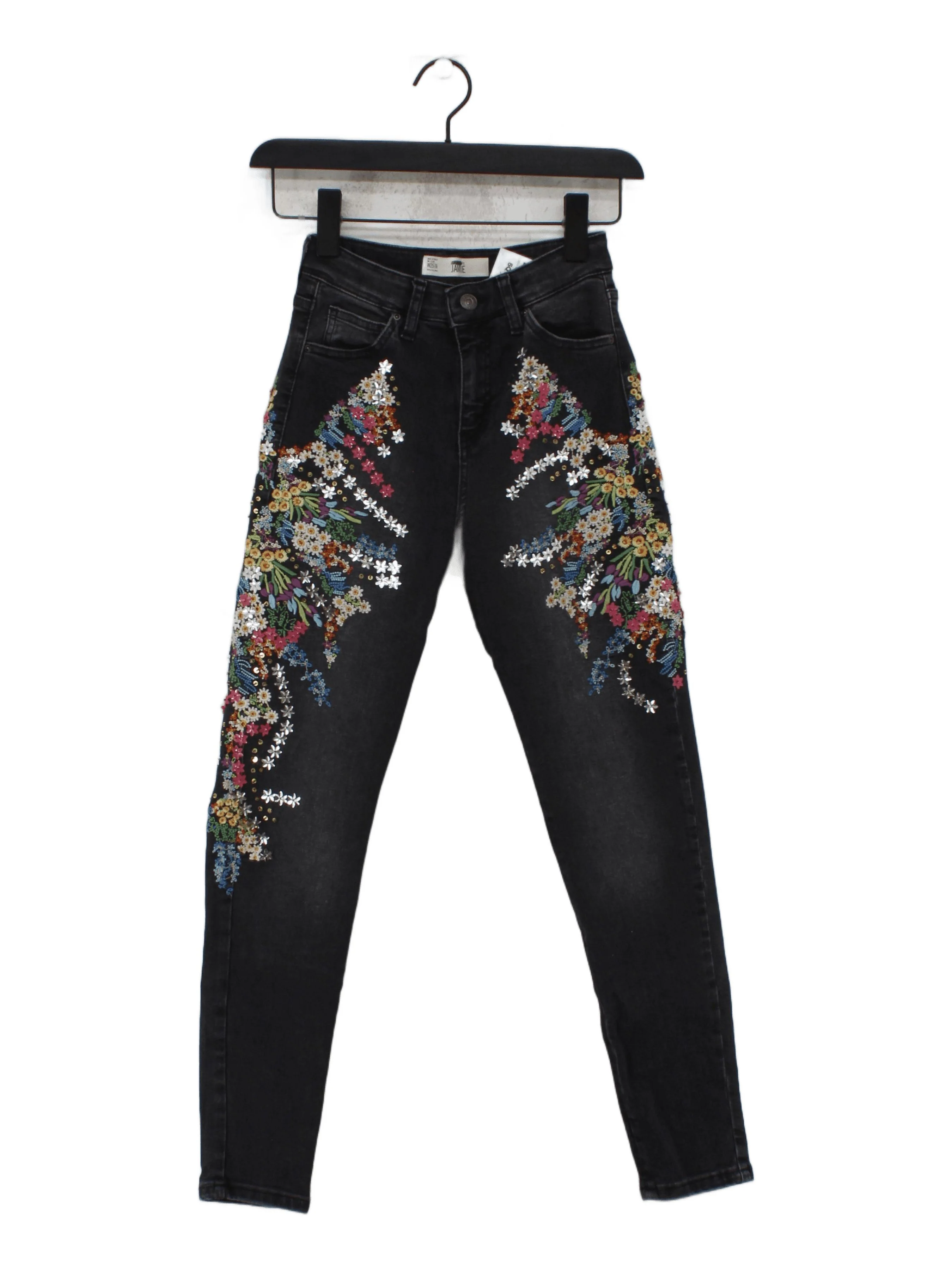 Topshop Women's Jeans W 25 in Grey Floral Cotton with Polyester, Elastane Skinny
