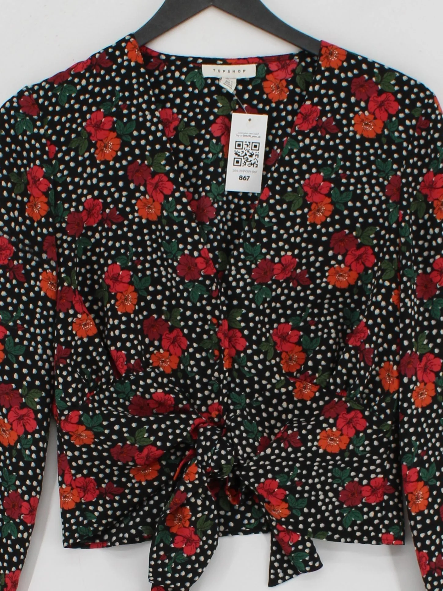Topshop Women's Top UK 10 Black Floral 100% Polyester Long Sleeve V-Neck Cropped - Image 3