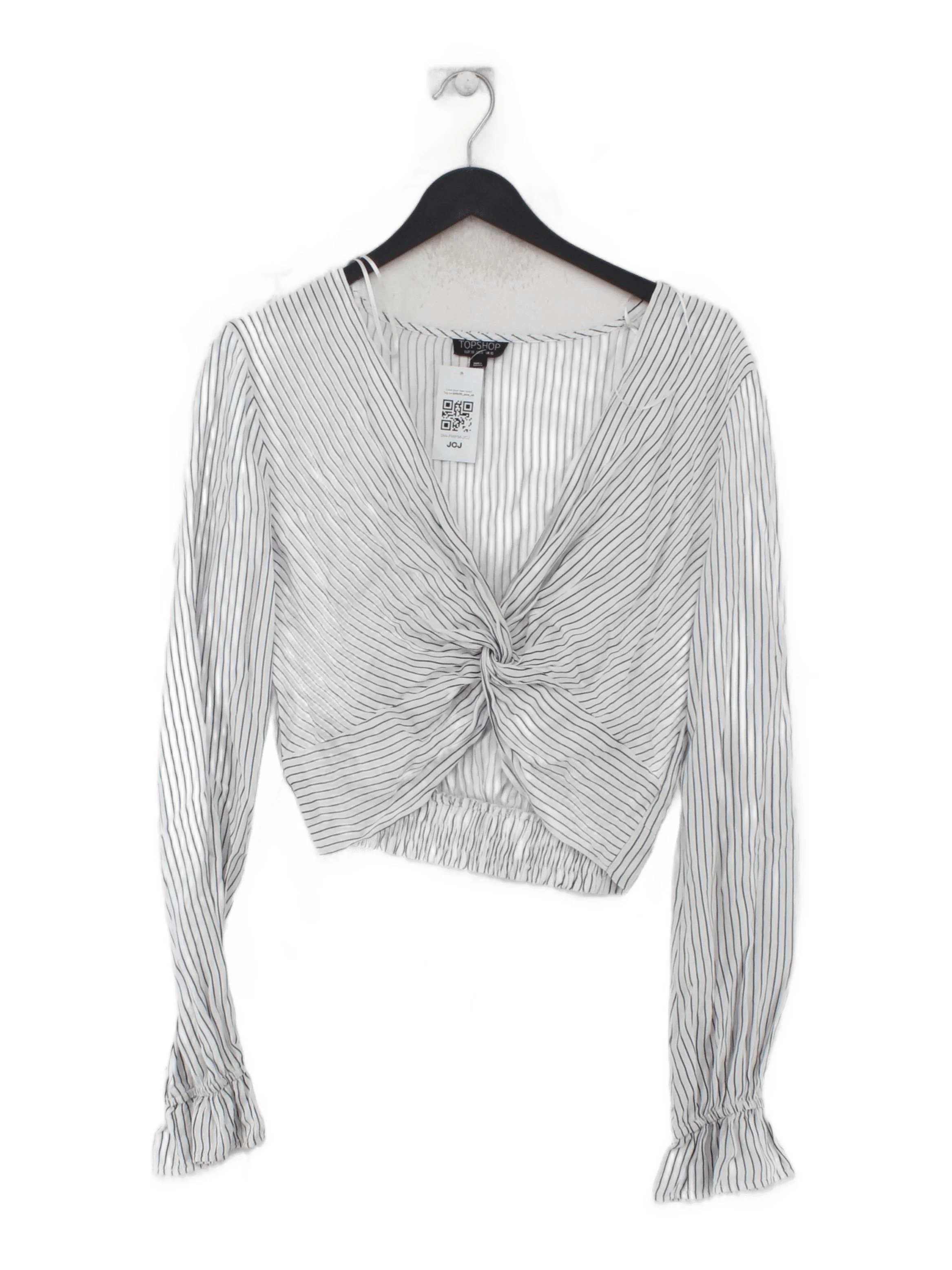 Topshop Women's Top UK 10 White Striped 100% Viscose Long Sleeve V-Neck Cropped