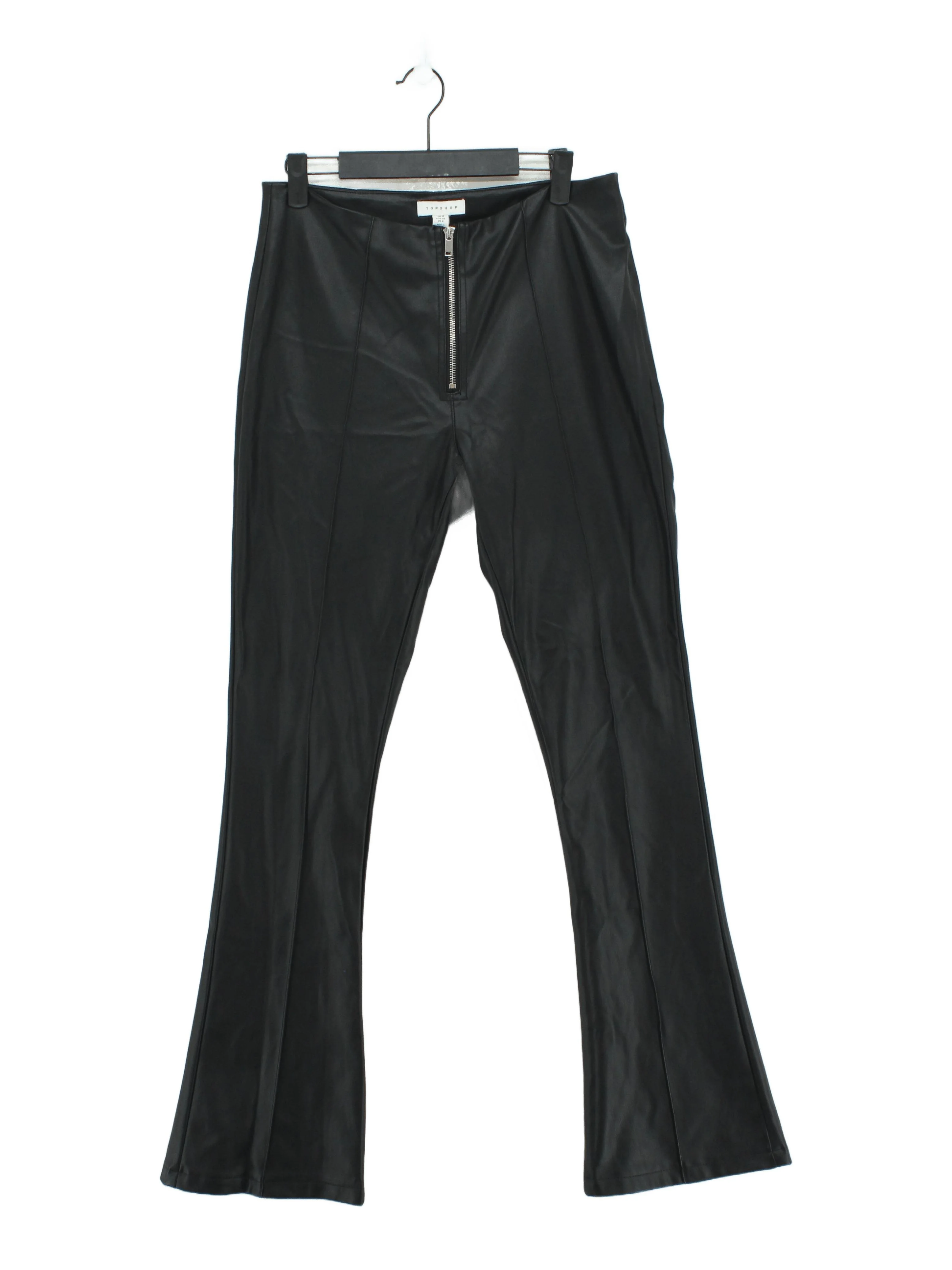 Topshop Women's Trousers UK 12 Black Faux Leather with Polyester Flared Chino