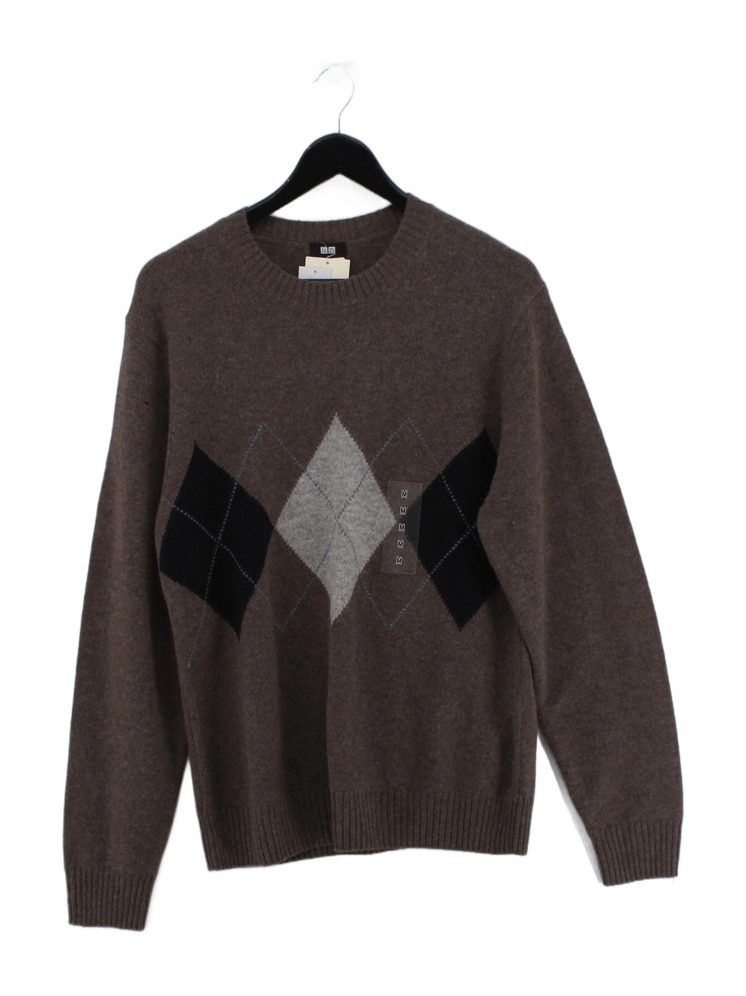 Uniqlo Men's Jumper M Brown Argyle 100% Wool Round Neck Pullover