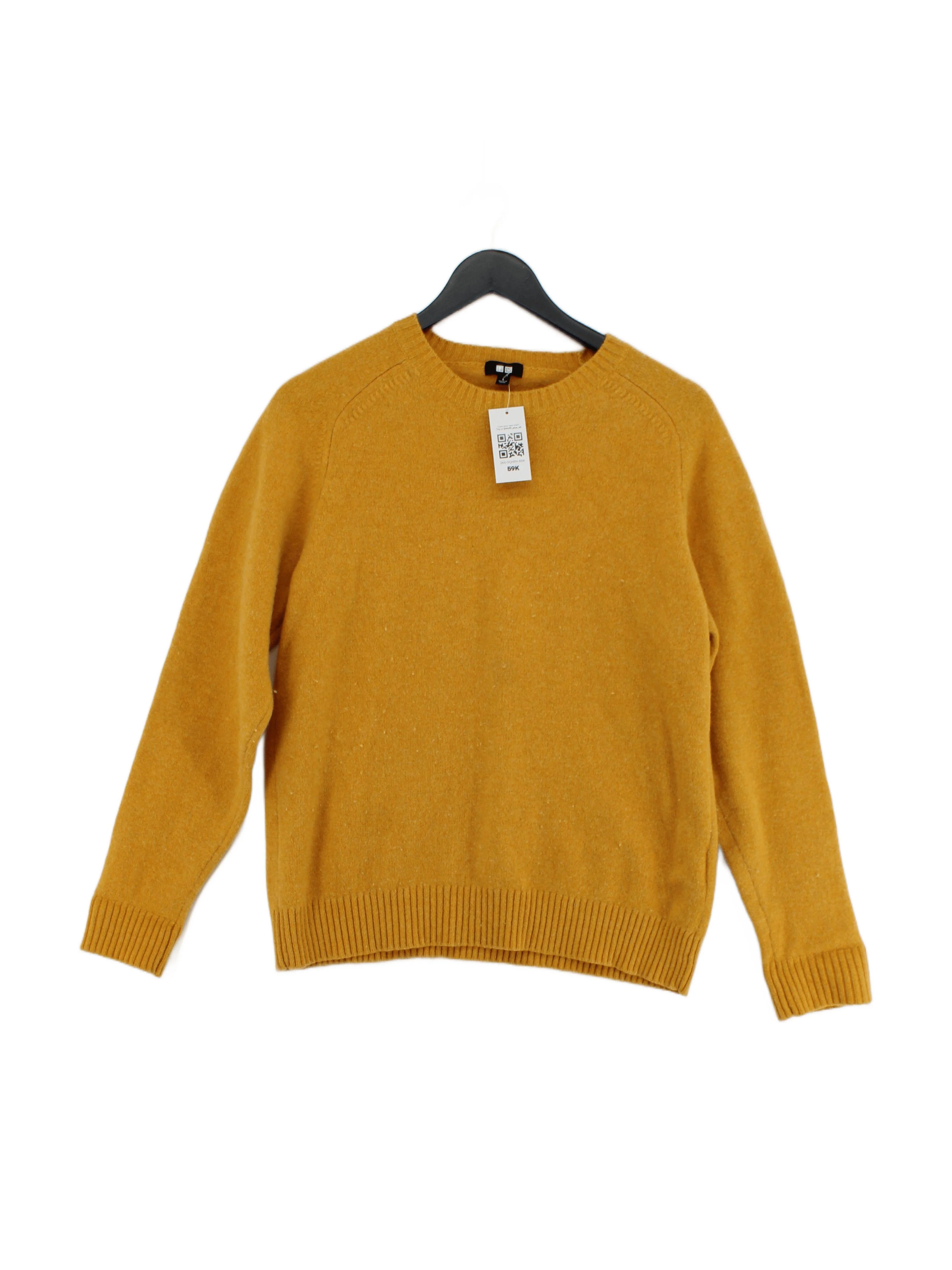Uniqlo Women's Jumper L Yellow 100% Wool Crew Neck Pullover