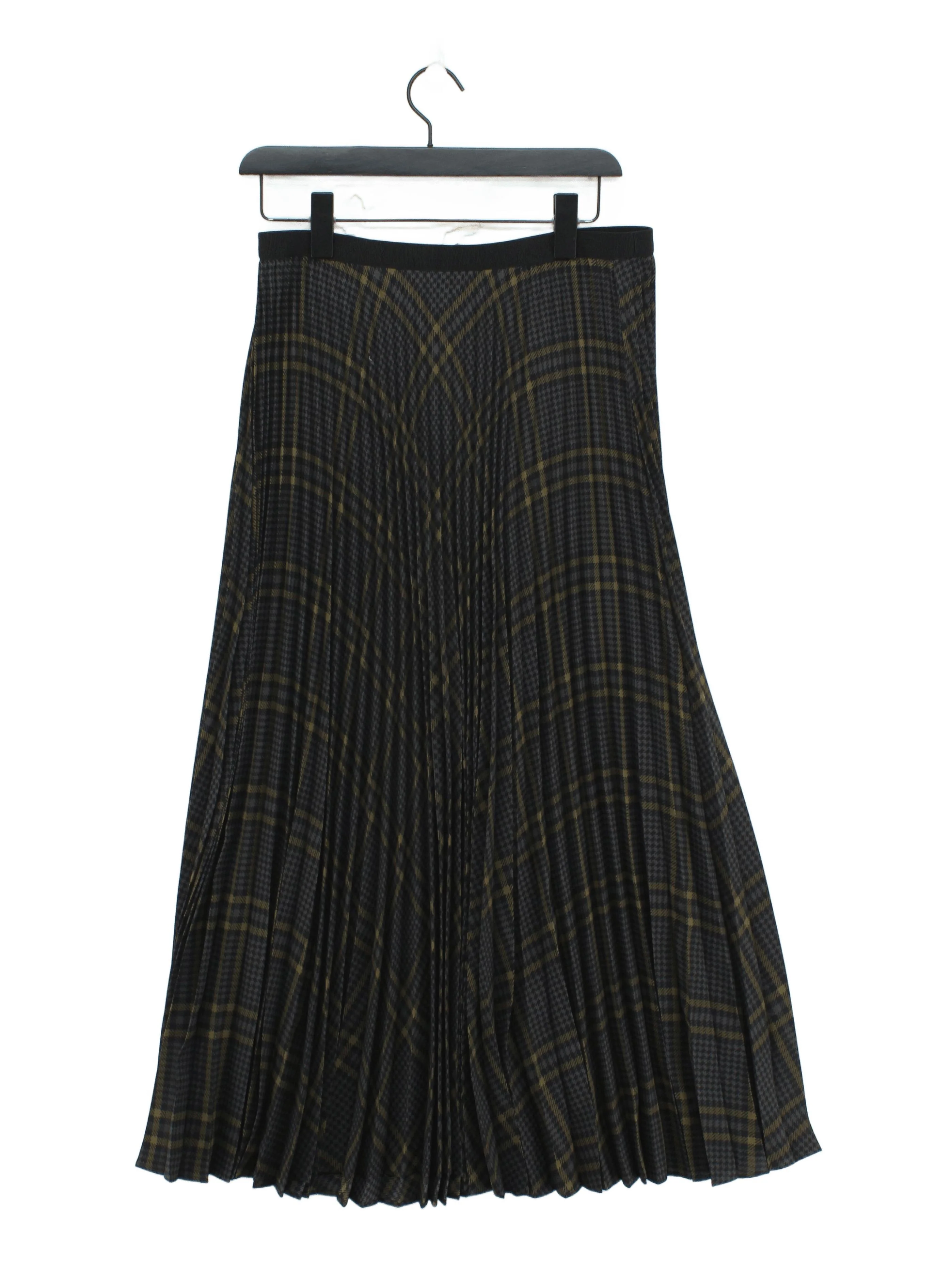 Uniqlo Women's Midi Skirt L Black Checkered Polyester with Elastane Midi Pleated