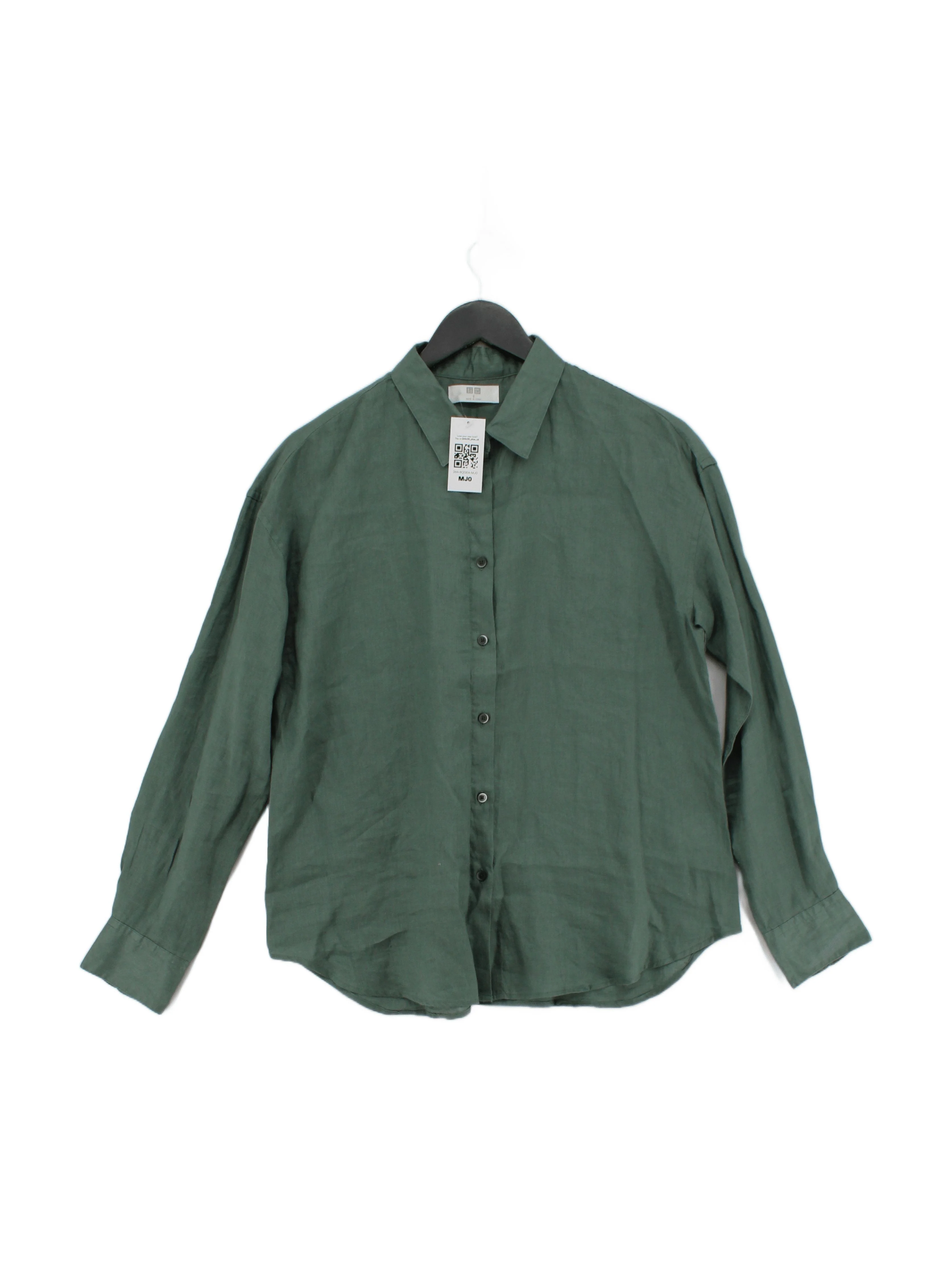 Uniqlo Women's Shirt S Green 100% Linen Long Sleeve Collared Basic