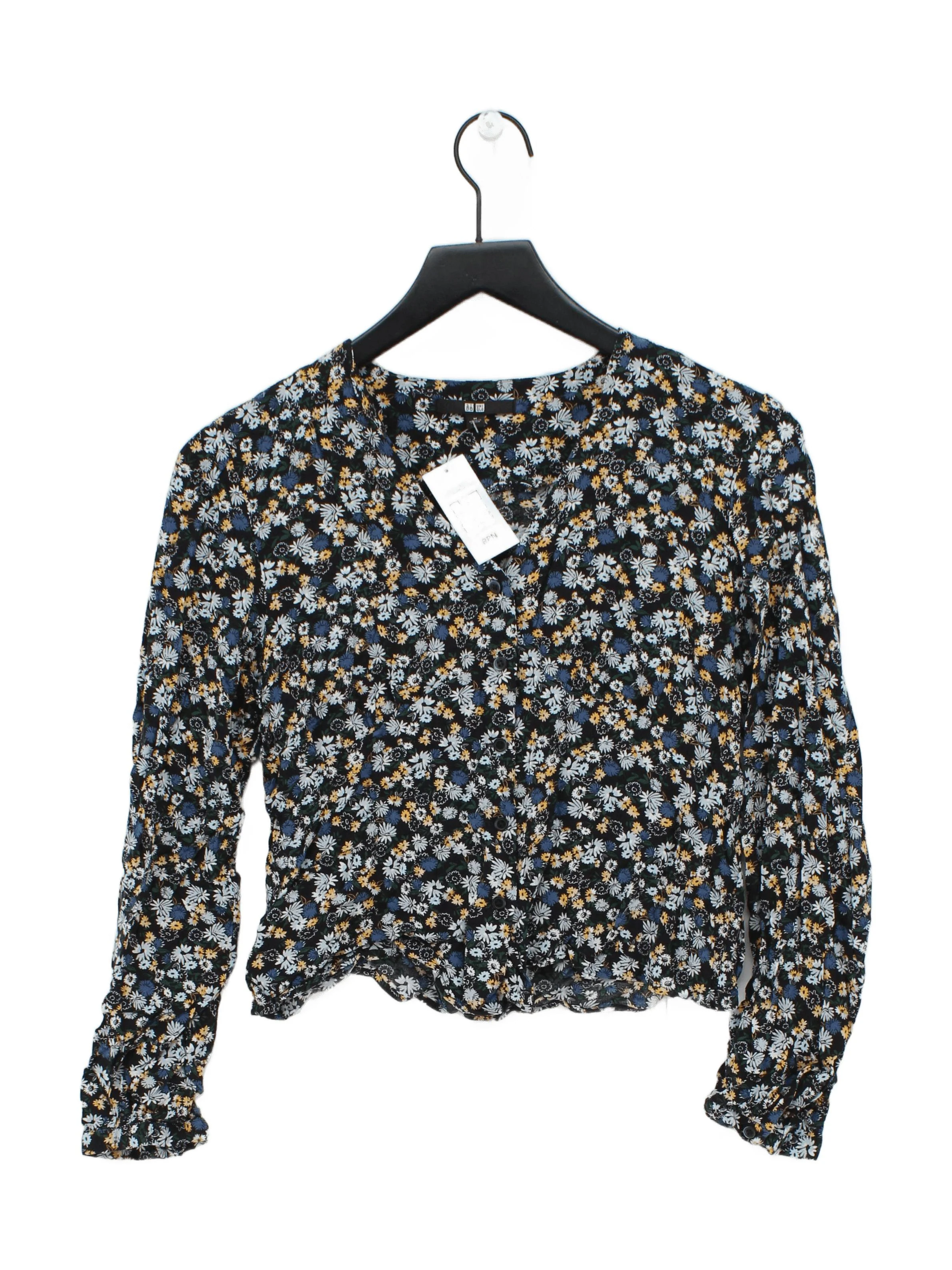 Uniqlo Women's Top M Black Floral 100% Viscose Long Sleeve V-Neck Basic