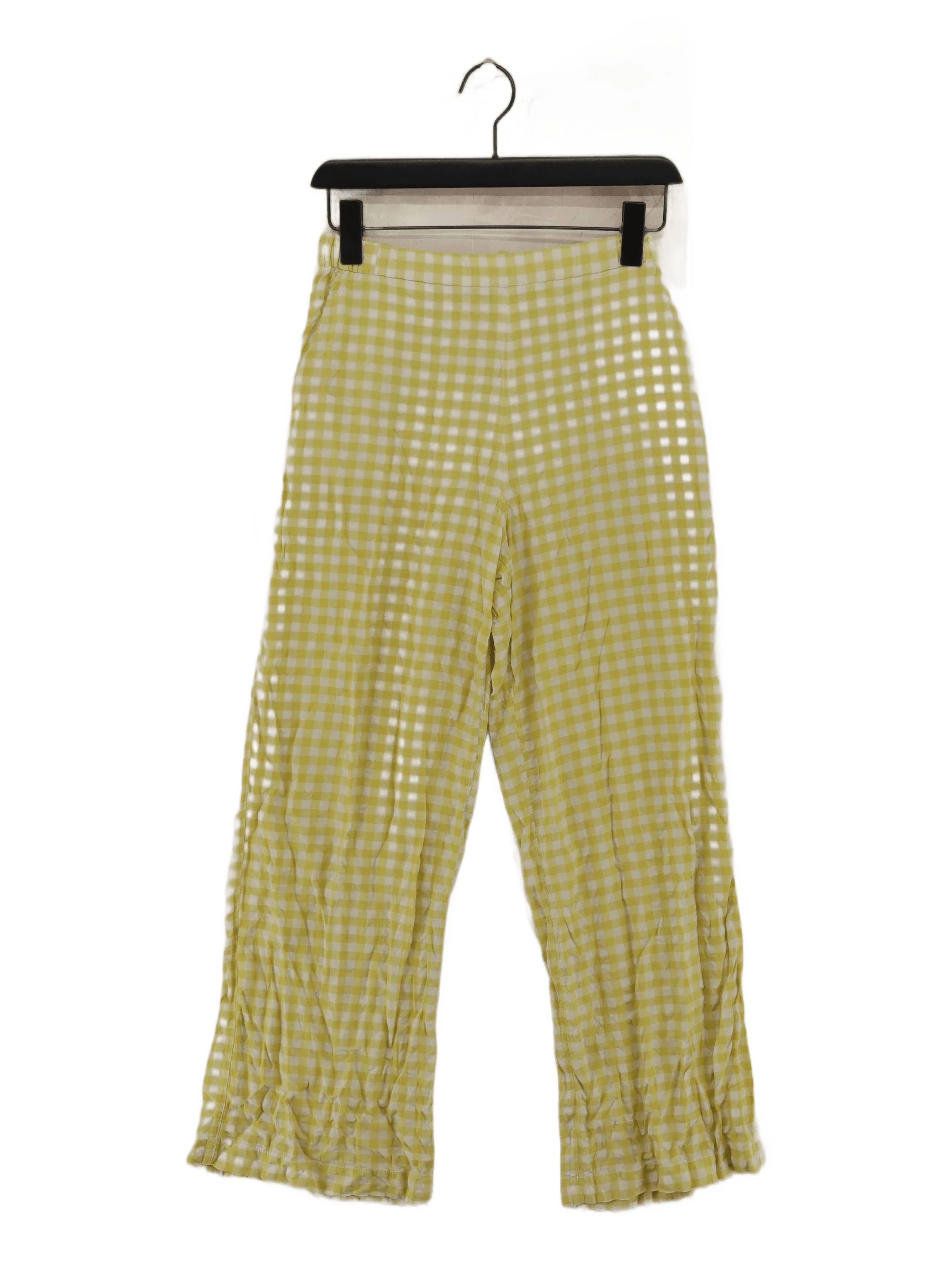 Uniqlo Women's Trousers XS Yellow Checkered Viscose with Cotton Wide-Leg Cropped