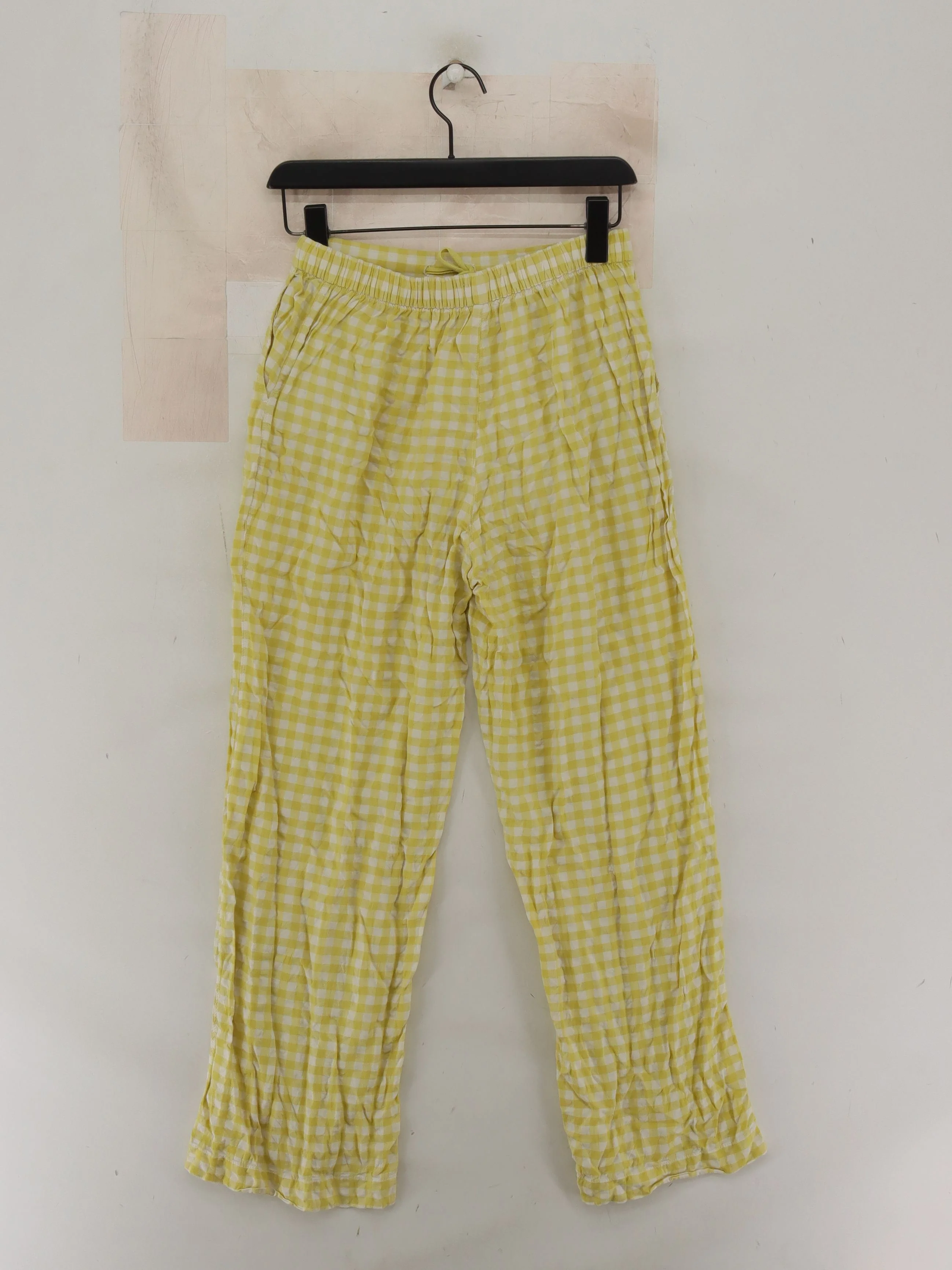 Uniqlo Women's Trousers XS Yellow Checkered Viscose with Cotton Wide-Leg Cropped - Image 2
