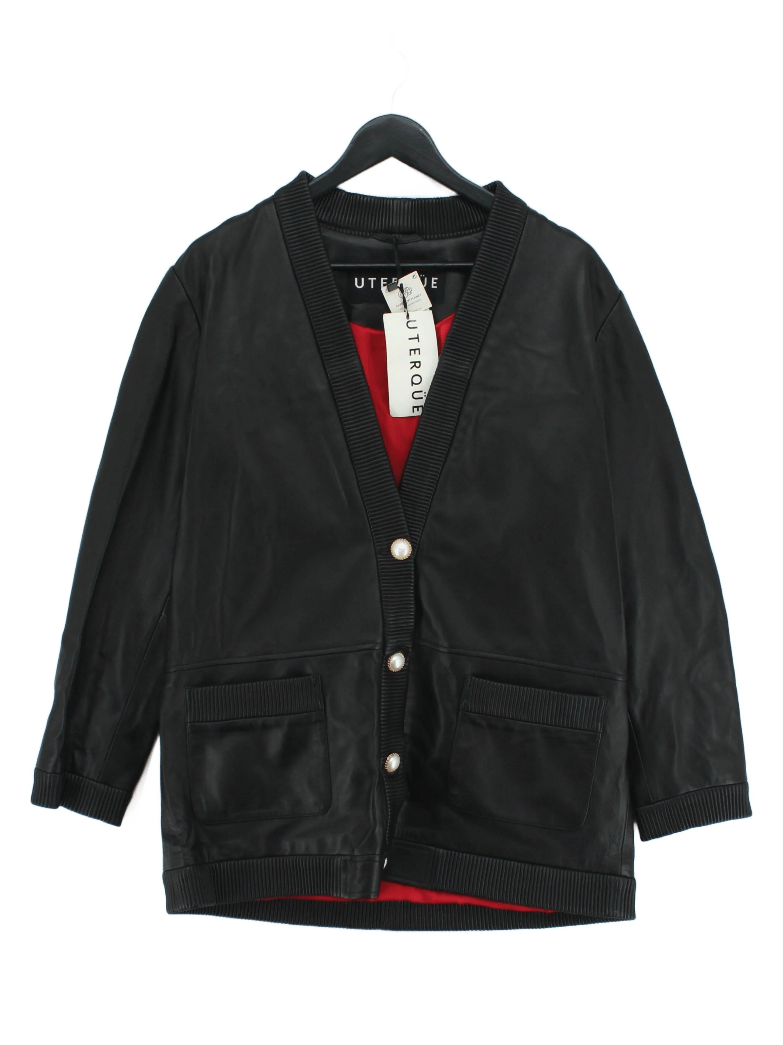 Uterque Women's Cardigan L Black Leather with Polyester V-Neck Cardigan