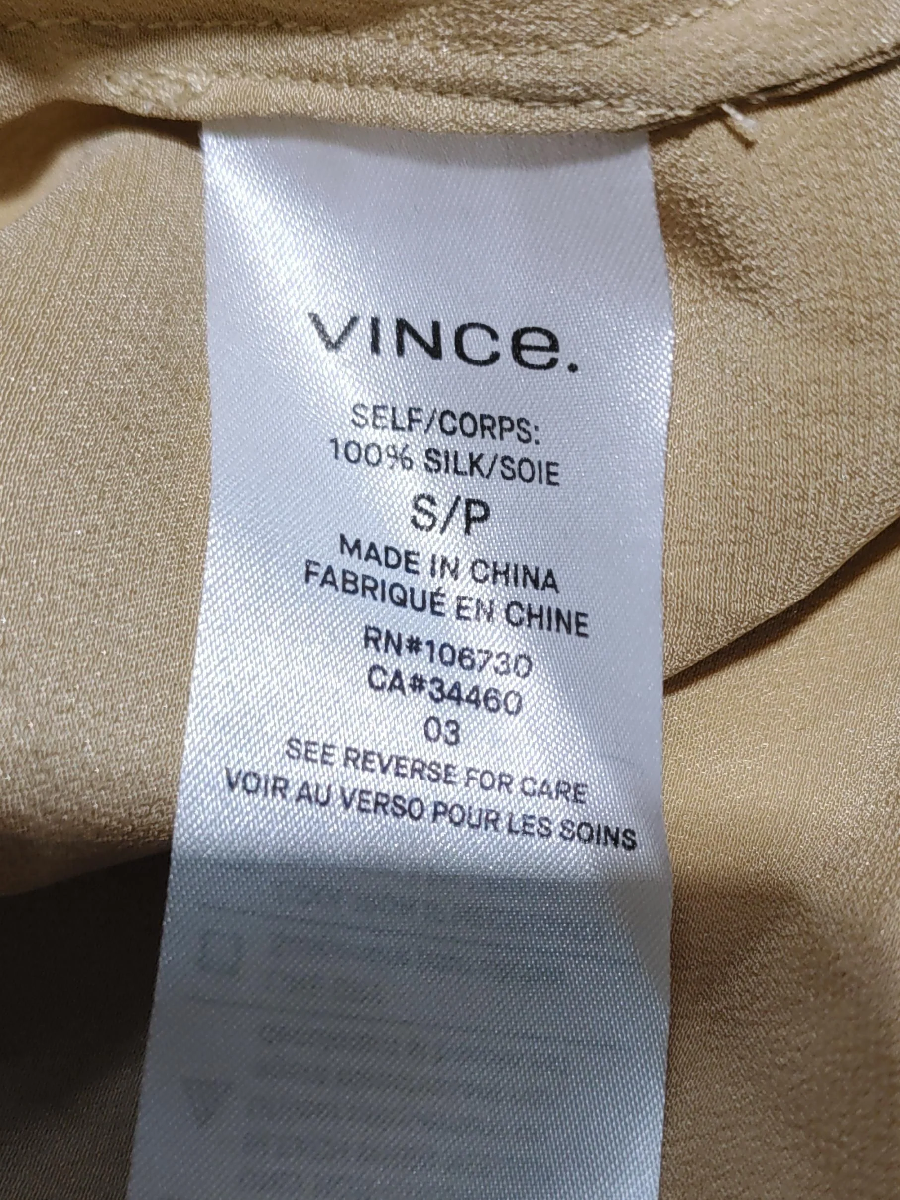 Vince Women's Blouse S Tan 100% Silk Short Sleeve V-Neck Basic - Image 7