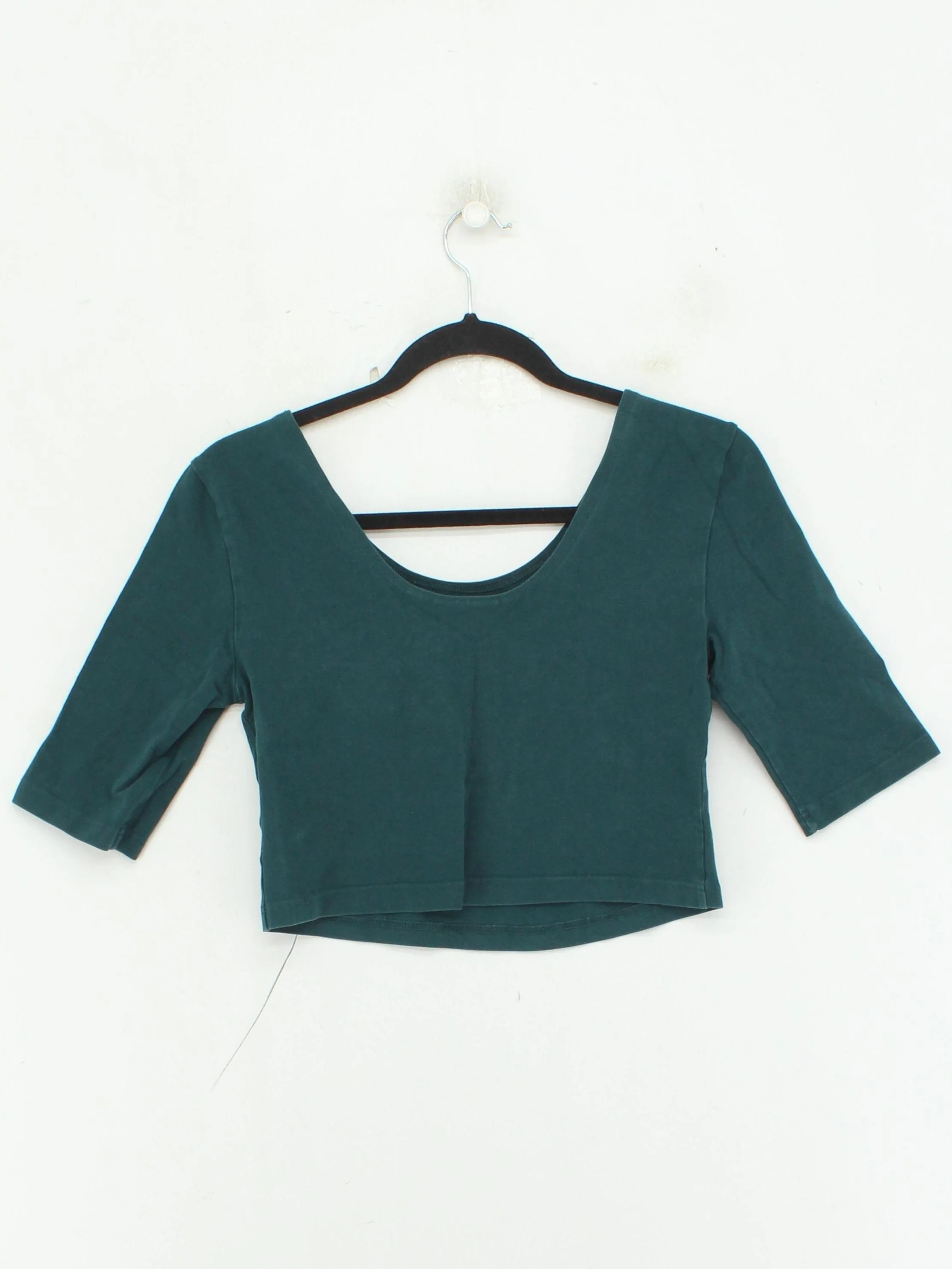 Weekday Women's Top M Green Cotton with Elastane 3/4 Sleeve Round Neck Cropped - Image 2