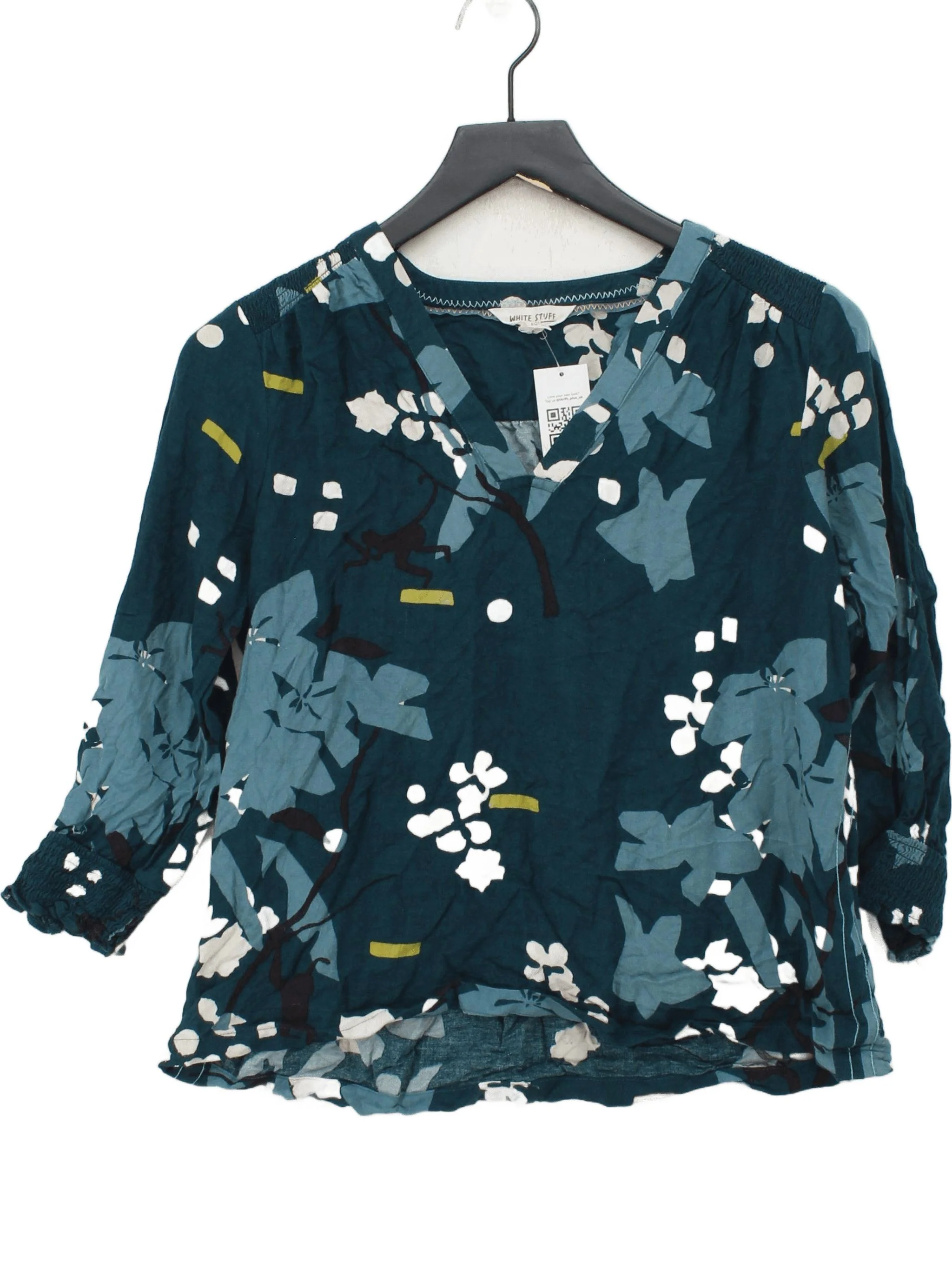 White Stuff Women's Top UK 10 Green Floral 100% Viscose 3/4 Sleeve V-Neck Basic